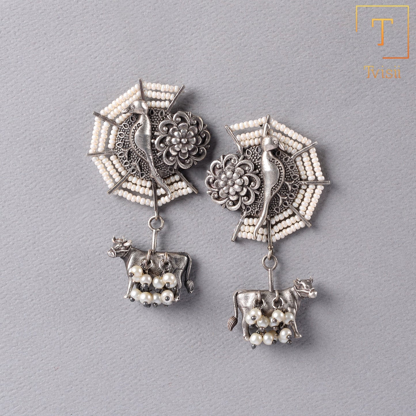 Gauri- Silver Brass Pearl dangler earrings