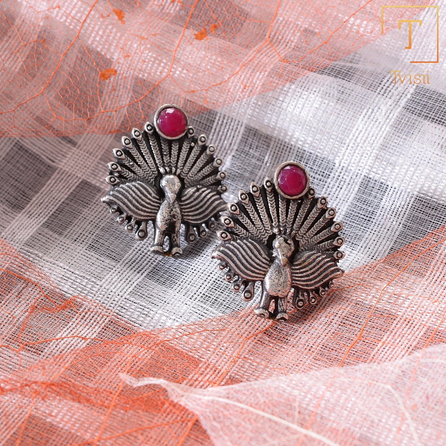Pakshi- Silver oxidised stone studded stud earrings