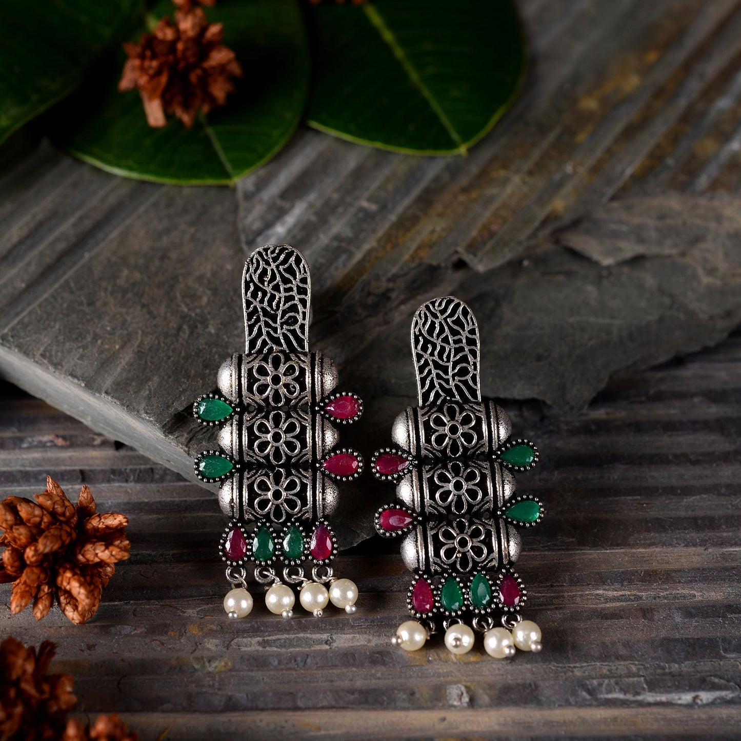 ManiStambh- Silver Brass Oxidised dangler earrings(Multicolored (RGW))