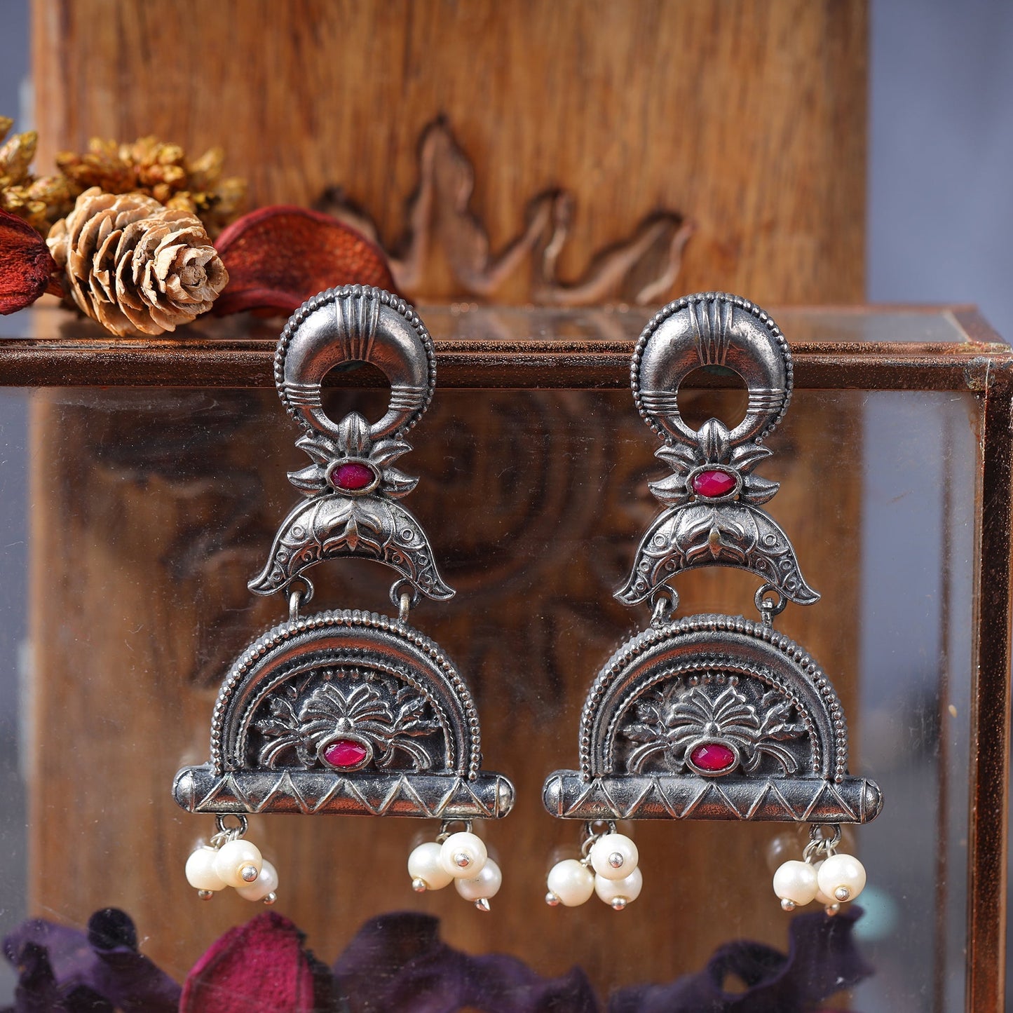 ChandraBansi- Silver Brass Oxidised Jhumka earrings