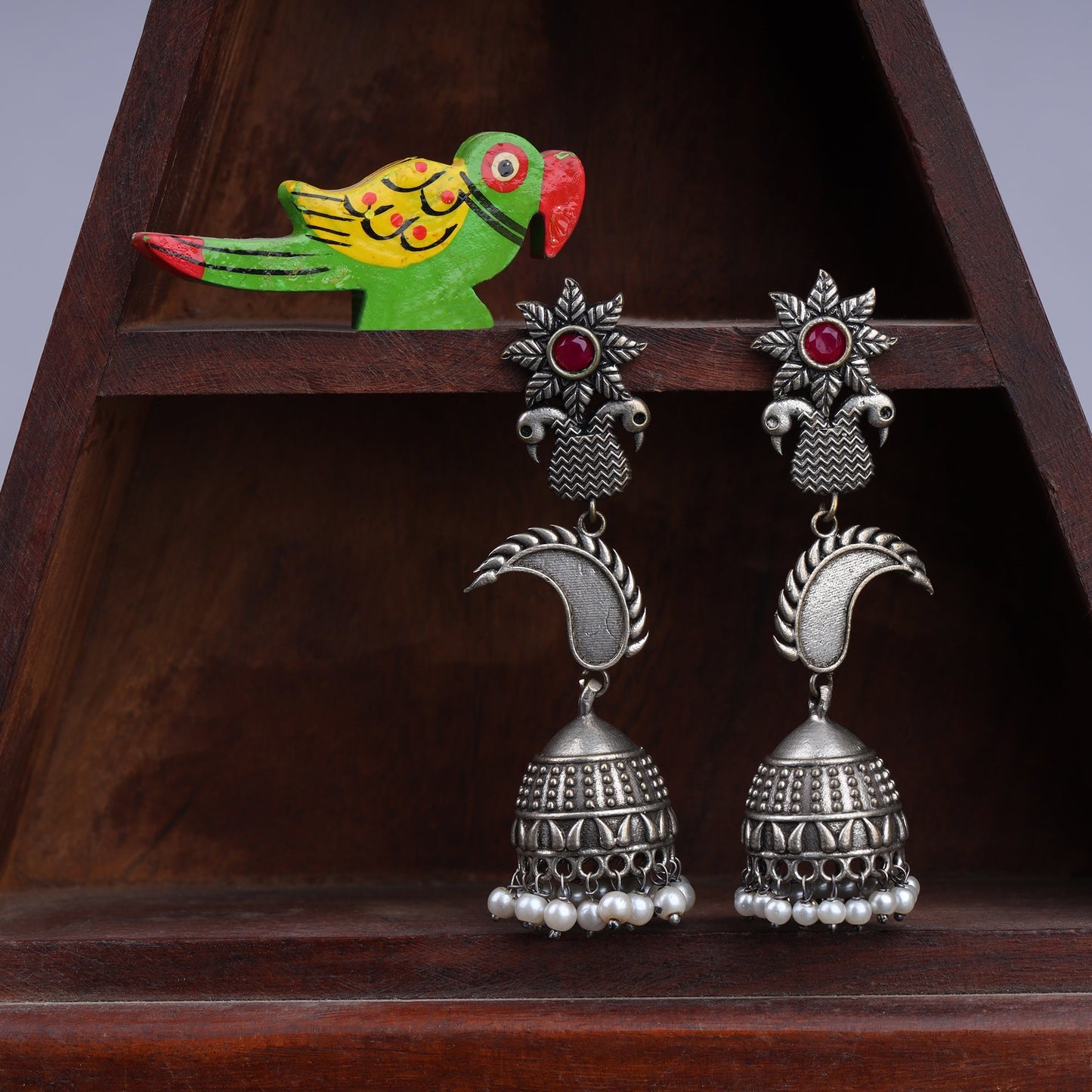 MorPushp- Silver Brass Oxidised Jhumka earrings