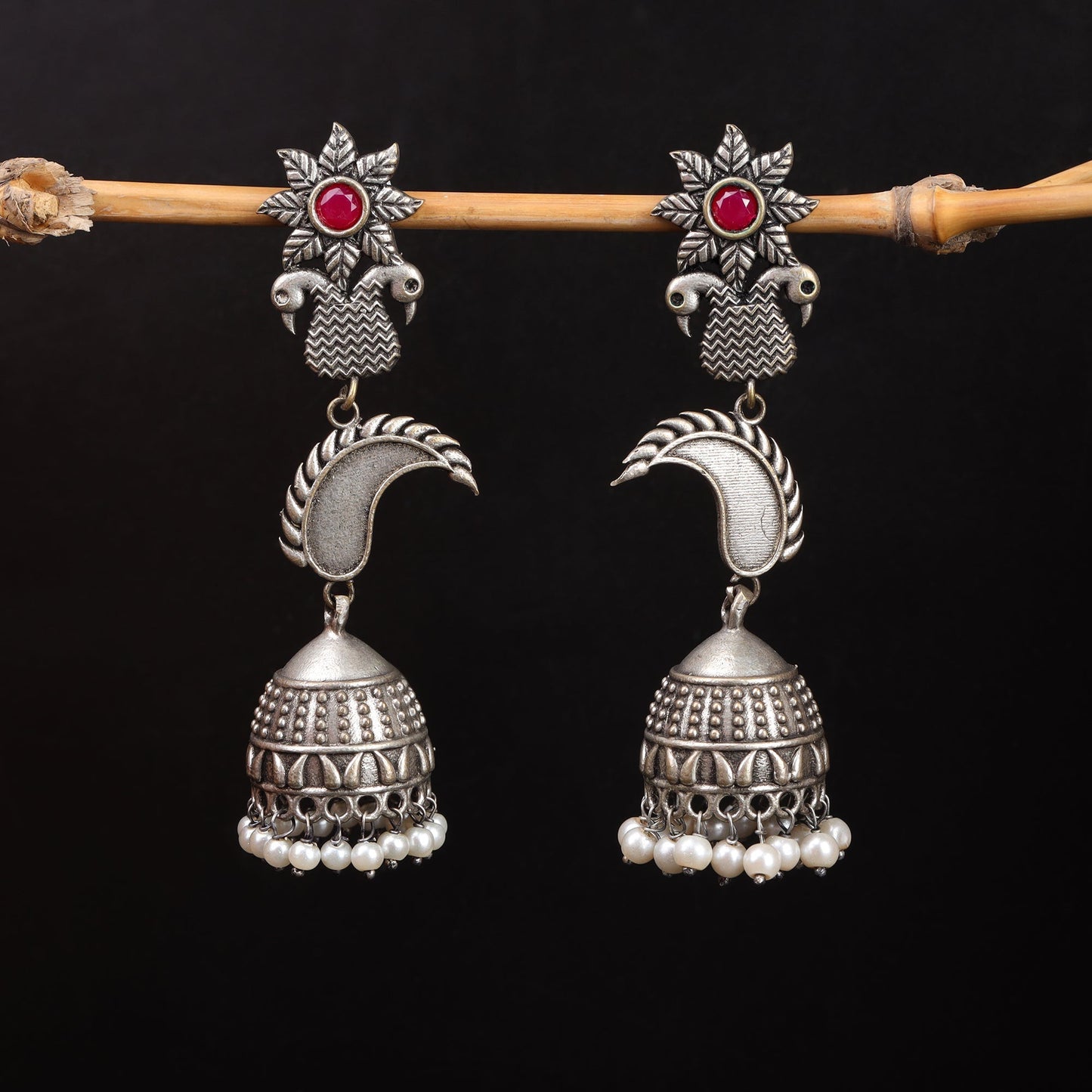 MorPushp- Silver Brass Oxidised Jhumka earrings
