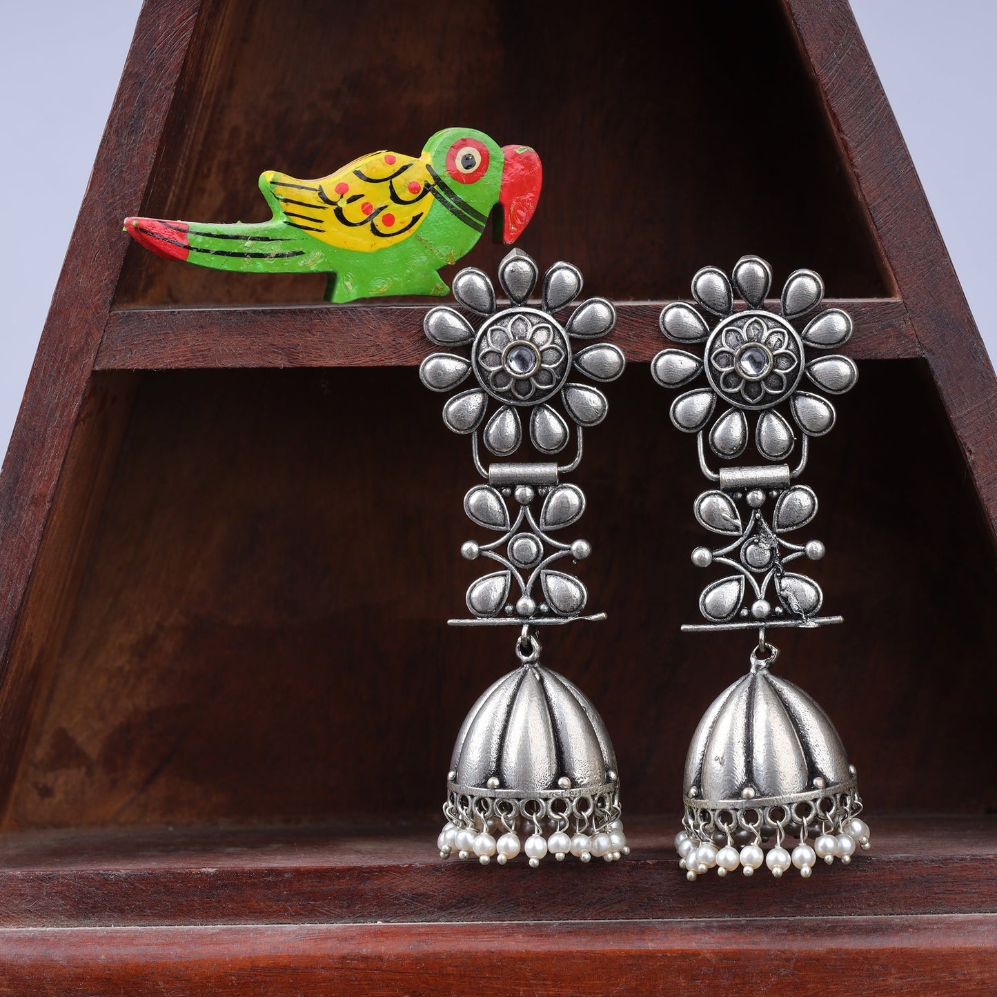 RajRatna- Silver Brass Oxidised Jhumka earrings