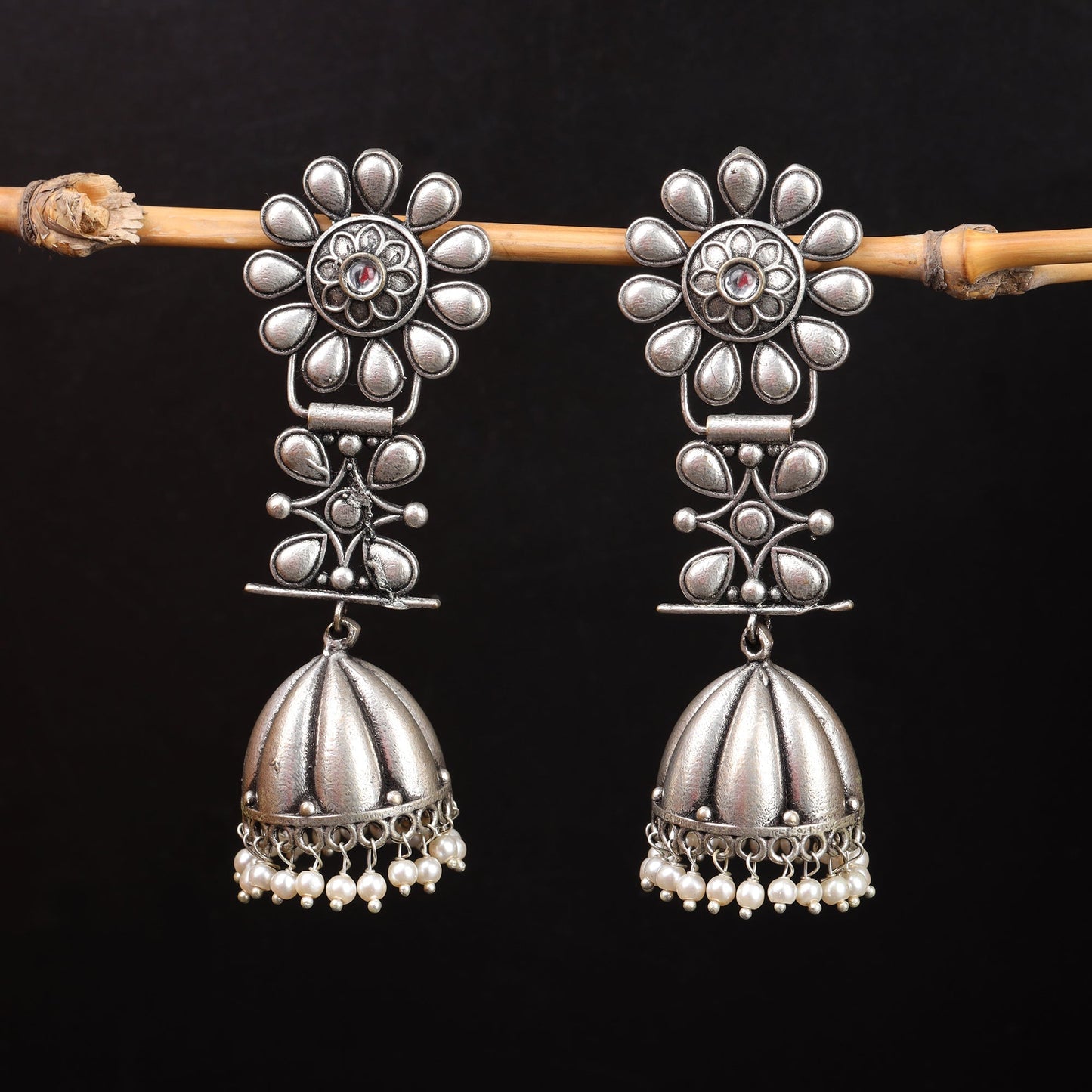 RajRatna- Silver Brass Oxidised Jhumka earrings