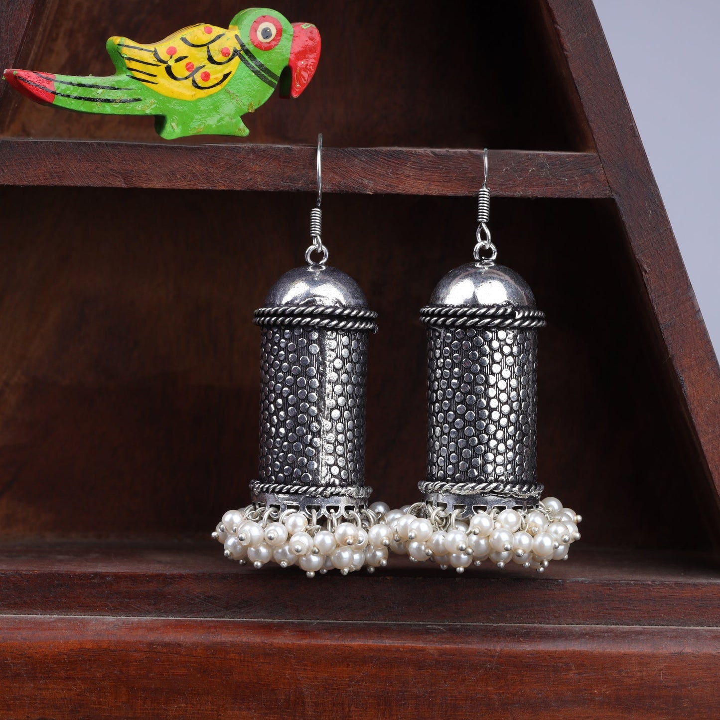 Chamkeeli- Silver Brass Pearl jhumka earrings