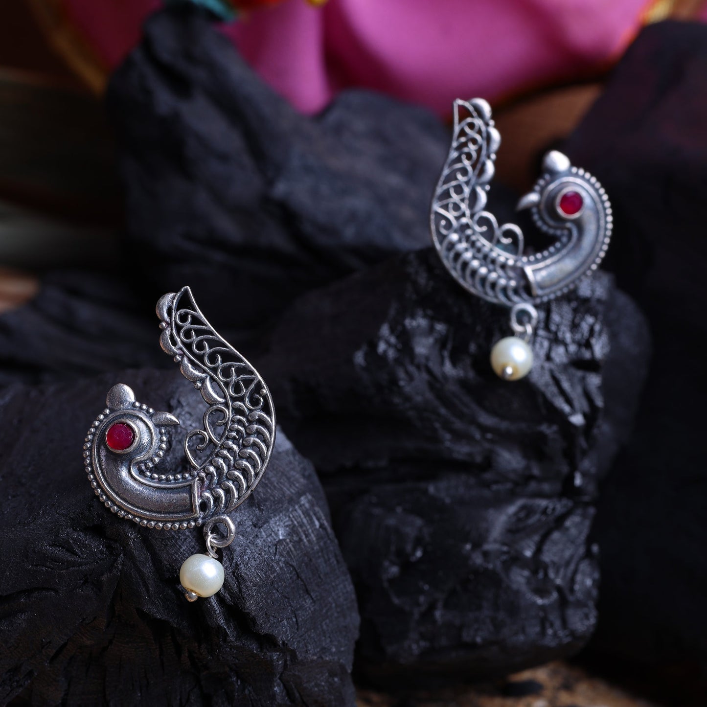 Amrapali- Antique polish Brass Studs with hanging Pearl Earrings