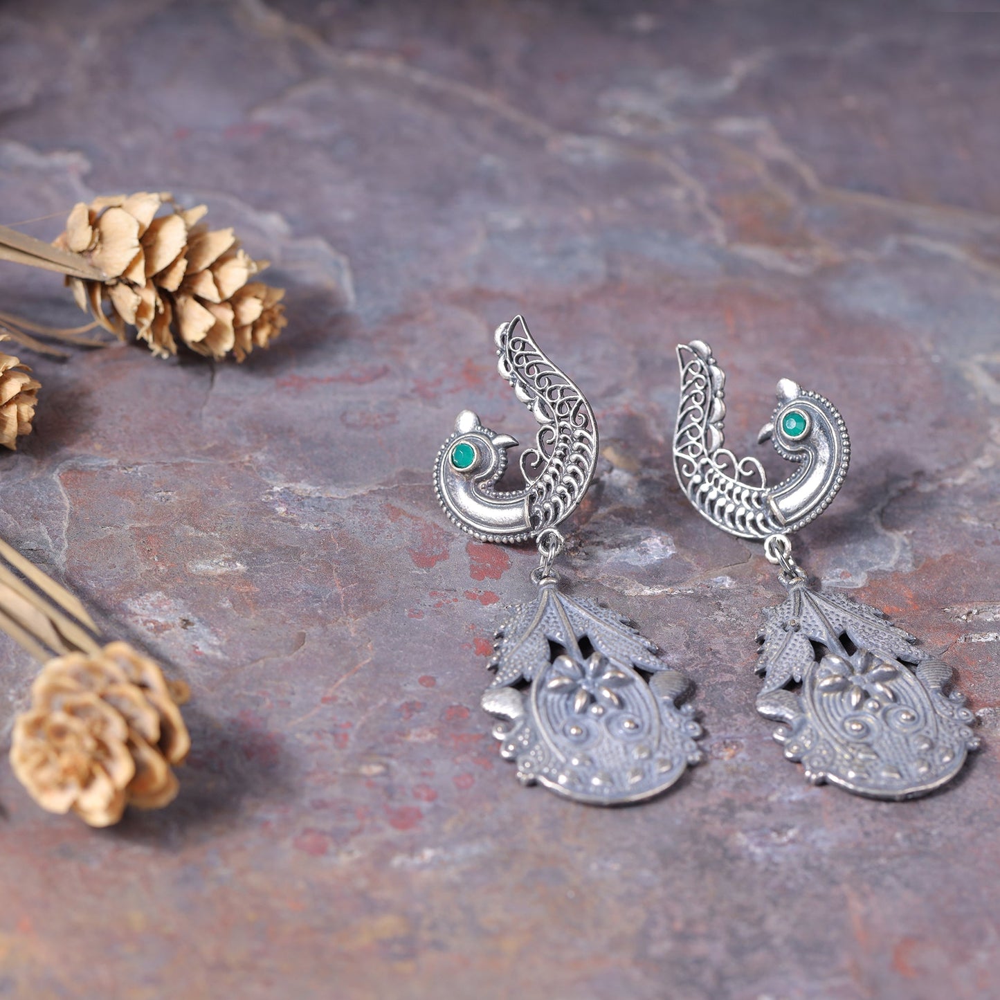 Suvarna- Silver Brass Oxidised dangler earrings