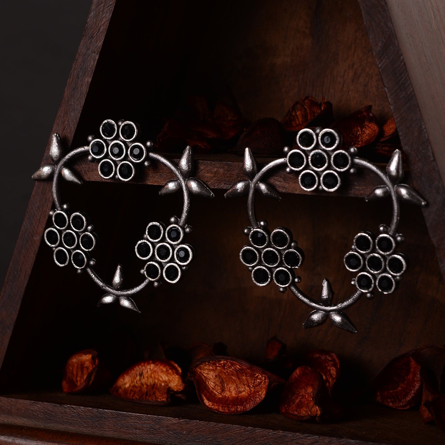 PushpMukuta- Silver Brass Oxidised dangler earrings