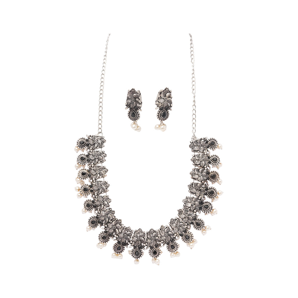 Manorma- Black Stone studded German Silver Neckpiece set