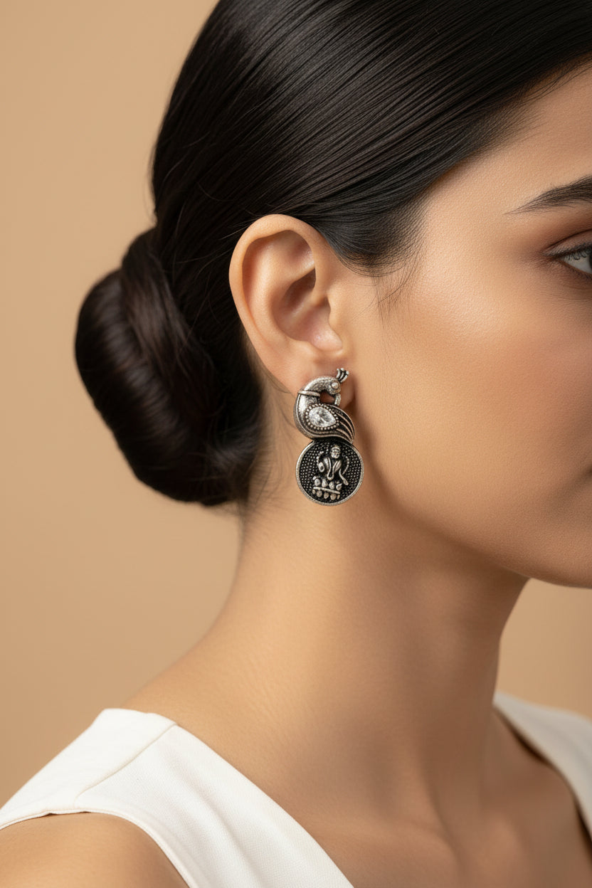 MayurShree- Silver Oxidised Motif Peacock Brass Stud Earrings
