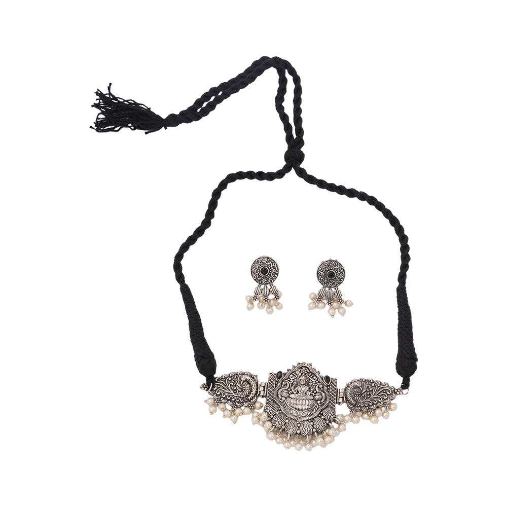 Padmalaya- Stone studded Laxmi Motif German Silver Neckpiece set(Black)