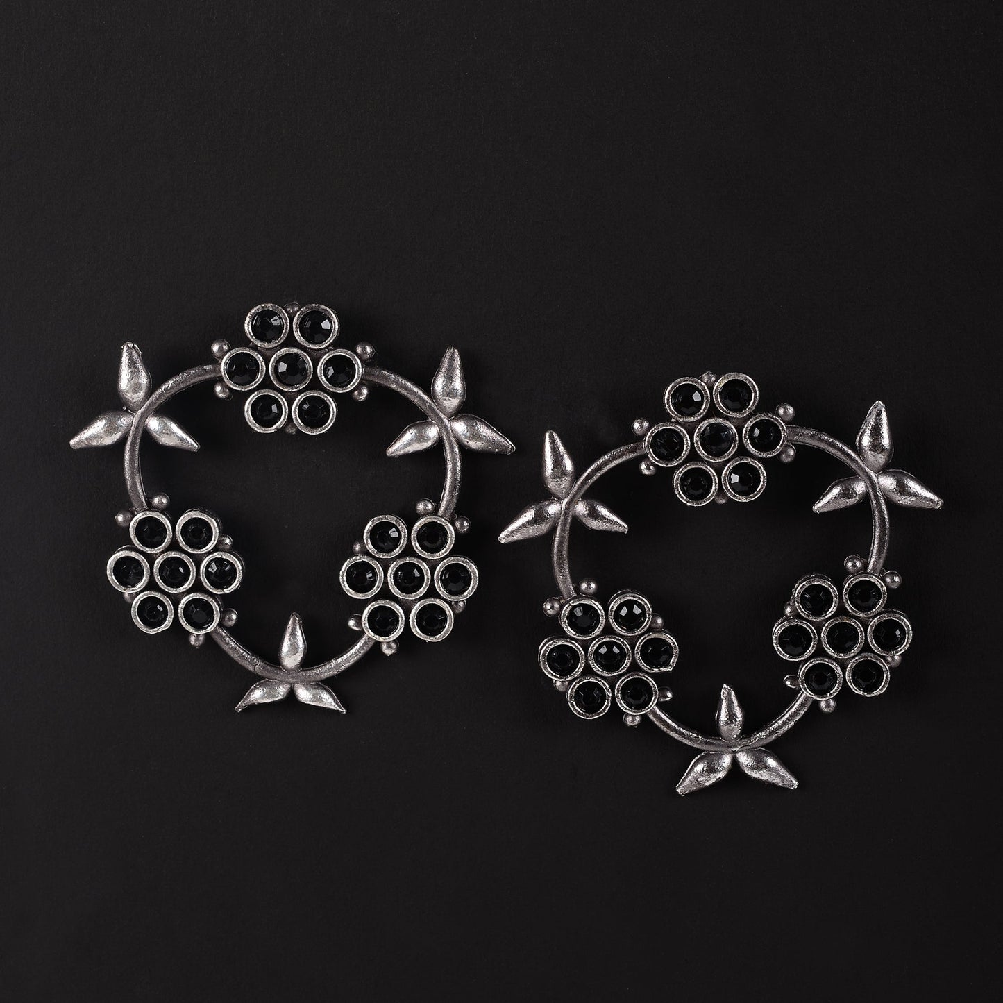 PushpMukuta- Silver Brass Oxidised dangler earrings