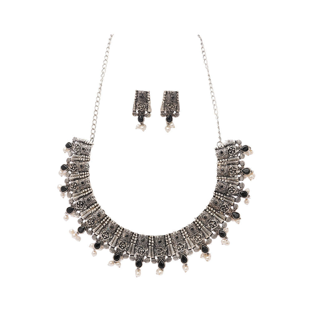 Bhavani- Blue Stone studded German Silver Neckpiece set(Black)