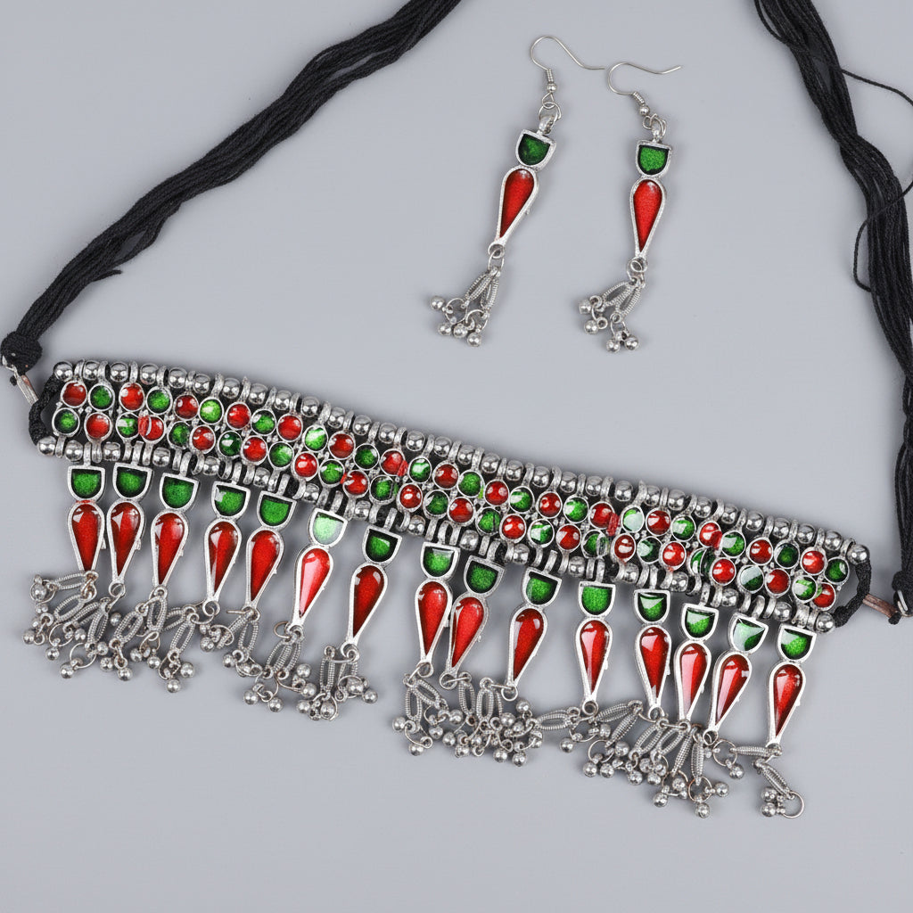 Triveni- Brass Meenakari Choker Neckpiece set
