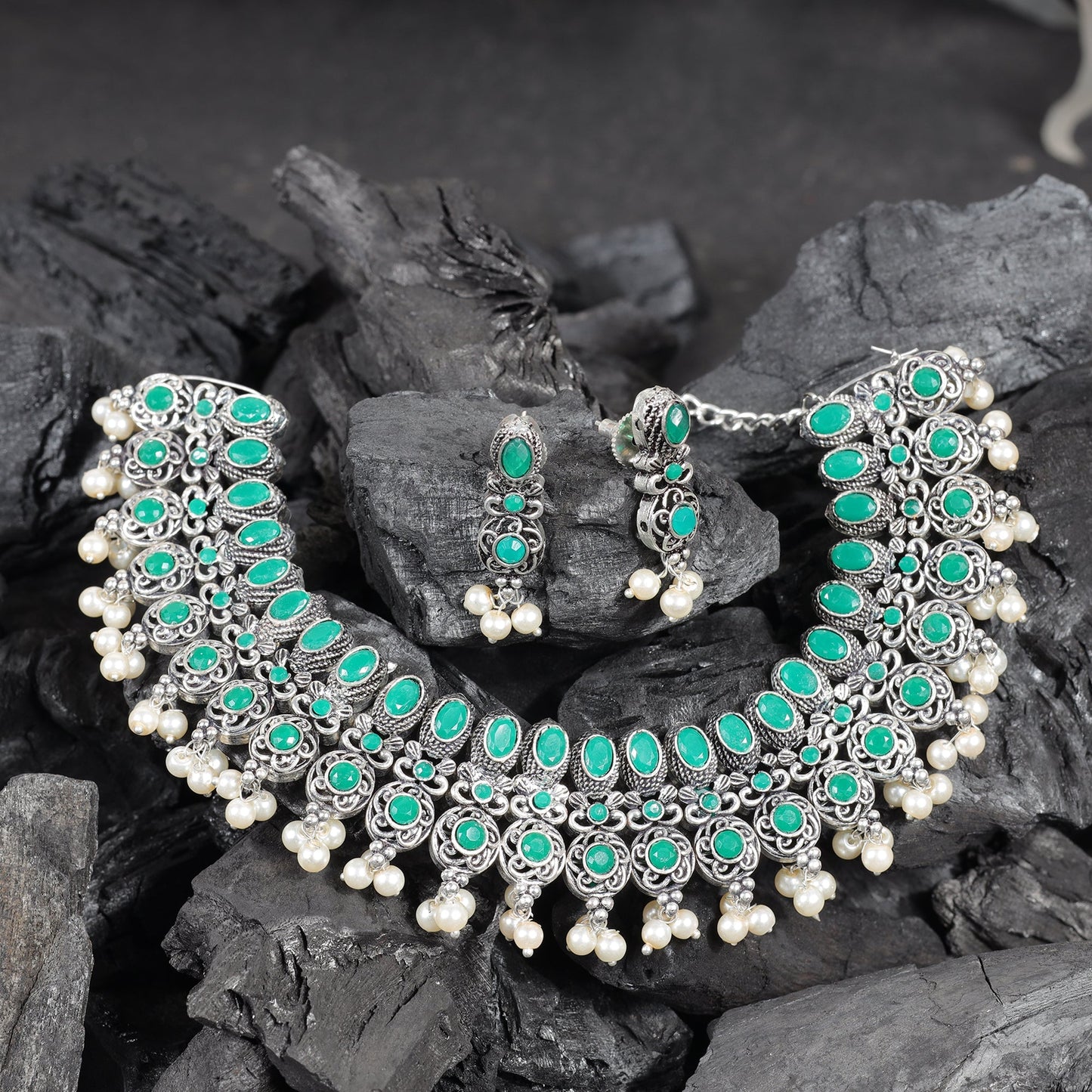 Tarangini- Stone studded German Silver Neckpiece set (Green )