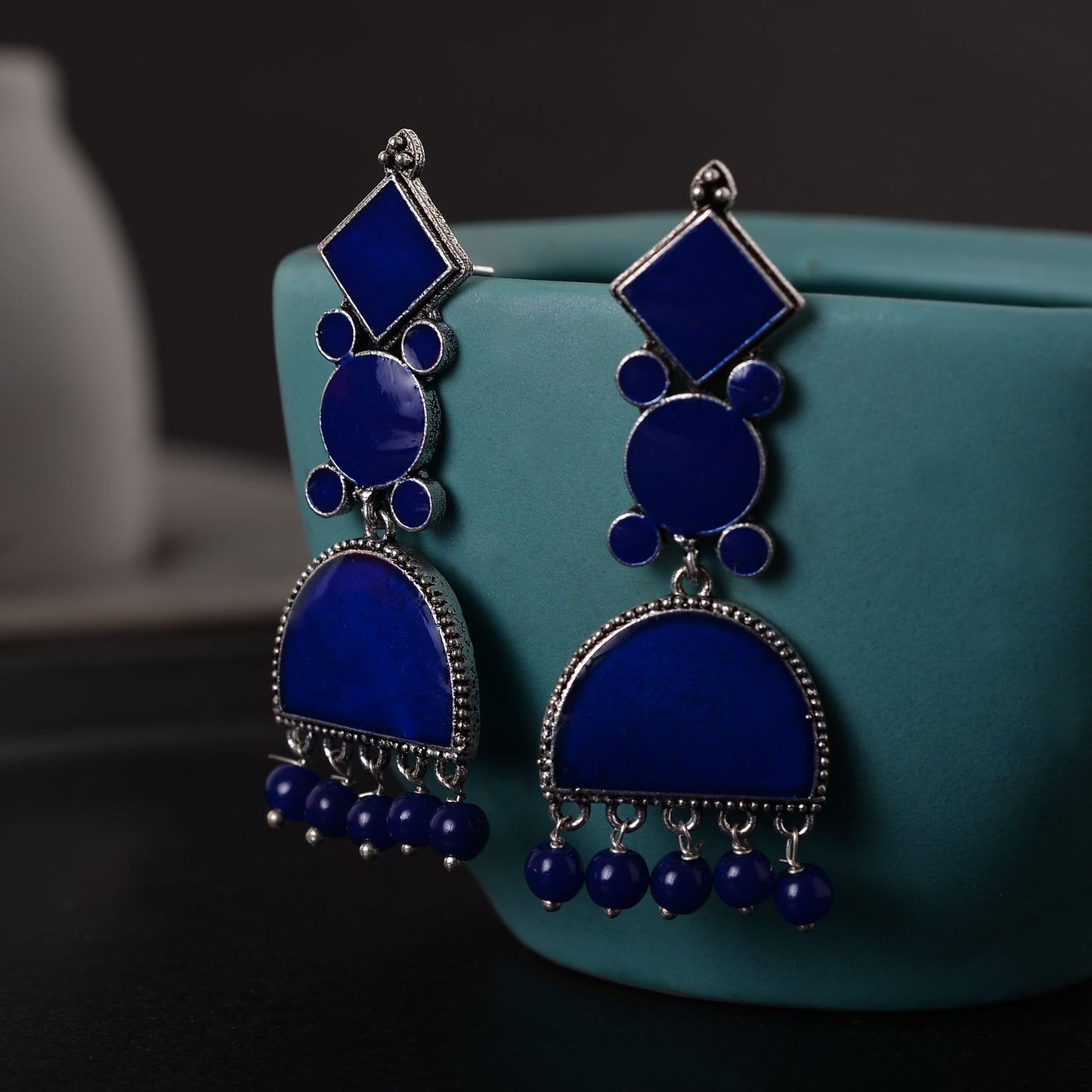 Aakar- Silver Brass stone studded dangler earrungs (Blue)