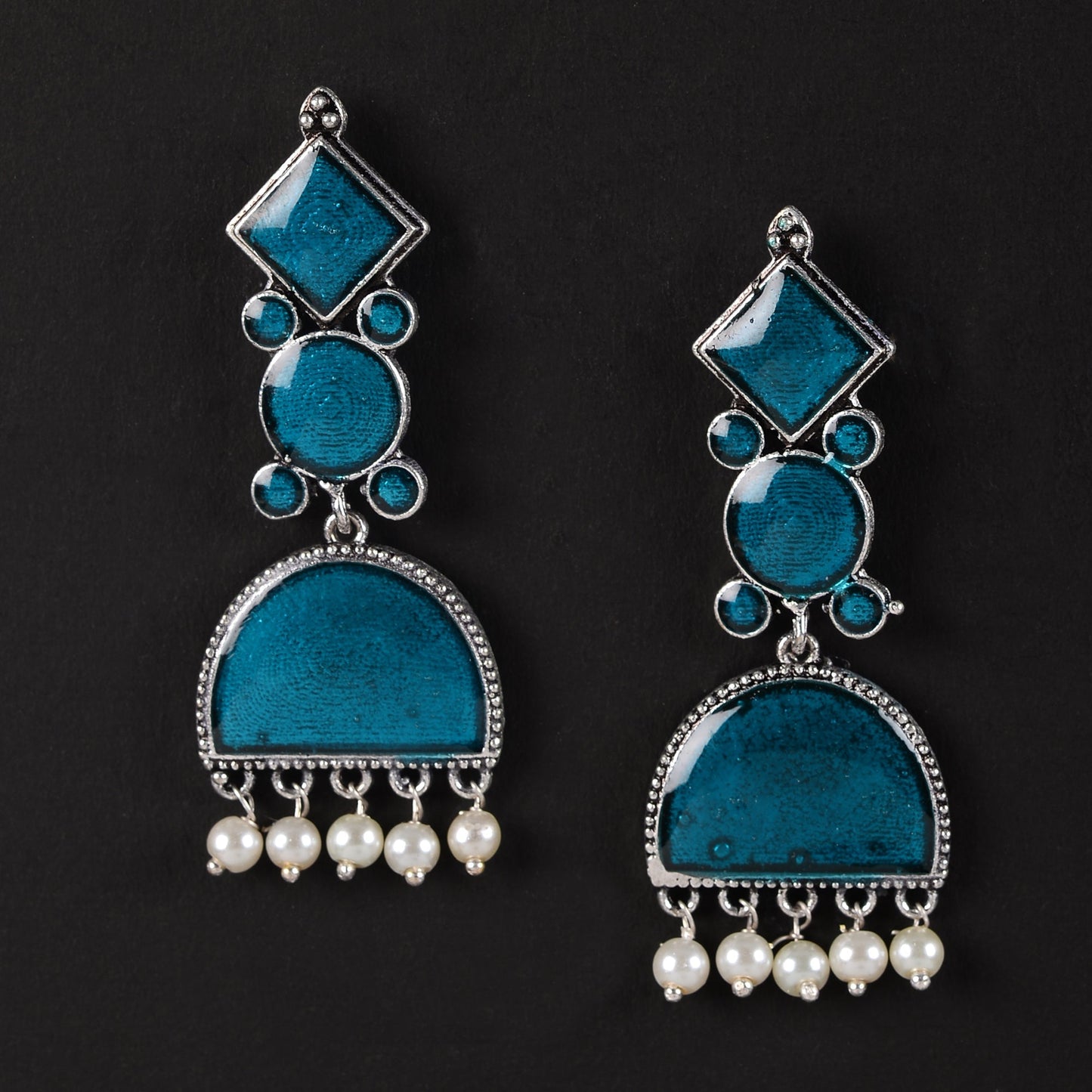 Aakar- Silver Brass stone studded dangler earrungs (Blue)
