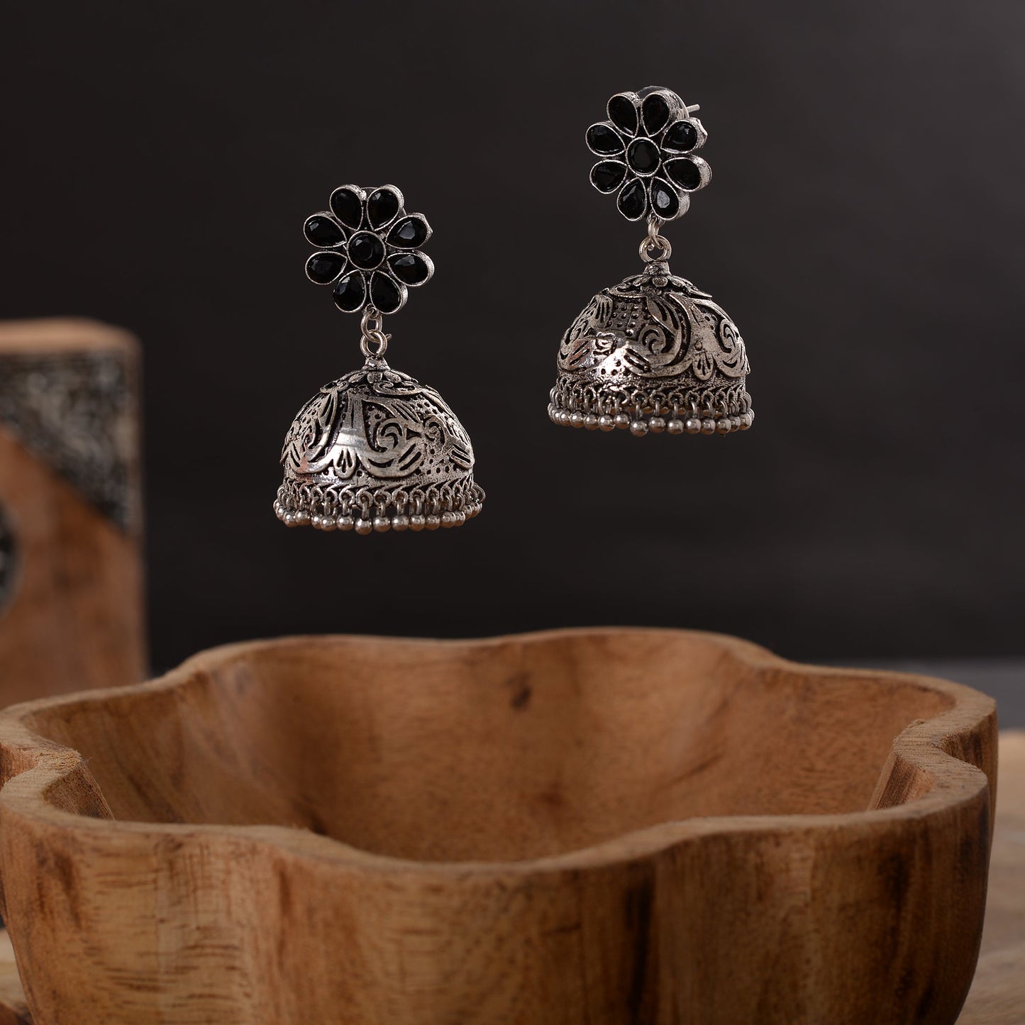 Tamira- Silver Brass Oxidised Jhumka Earrings(Black)