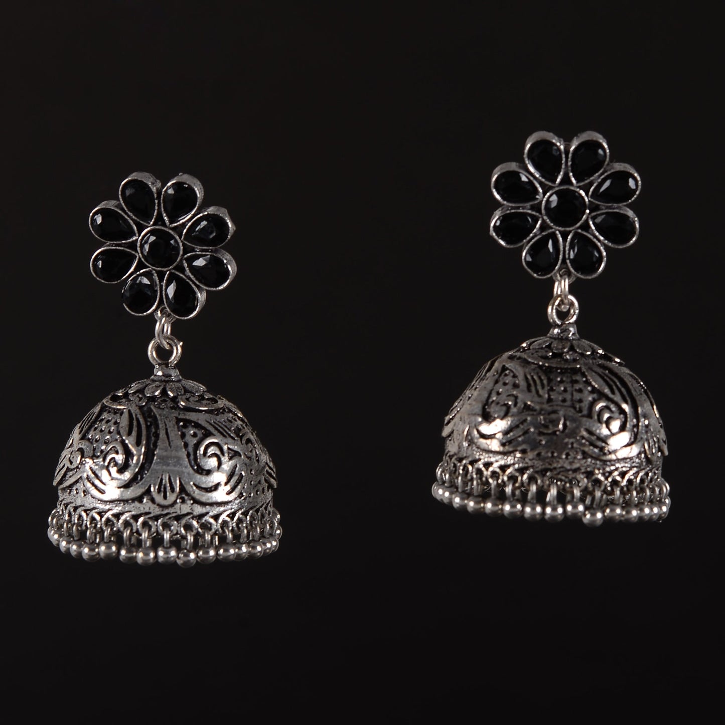 Tamira- Silver Brass Oxidised Jhumka Earrings(Black)