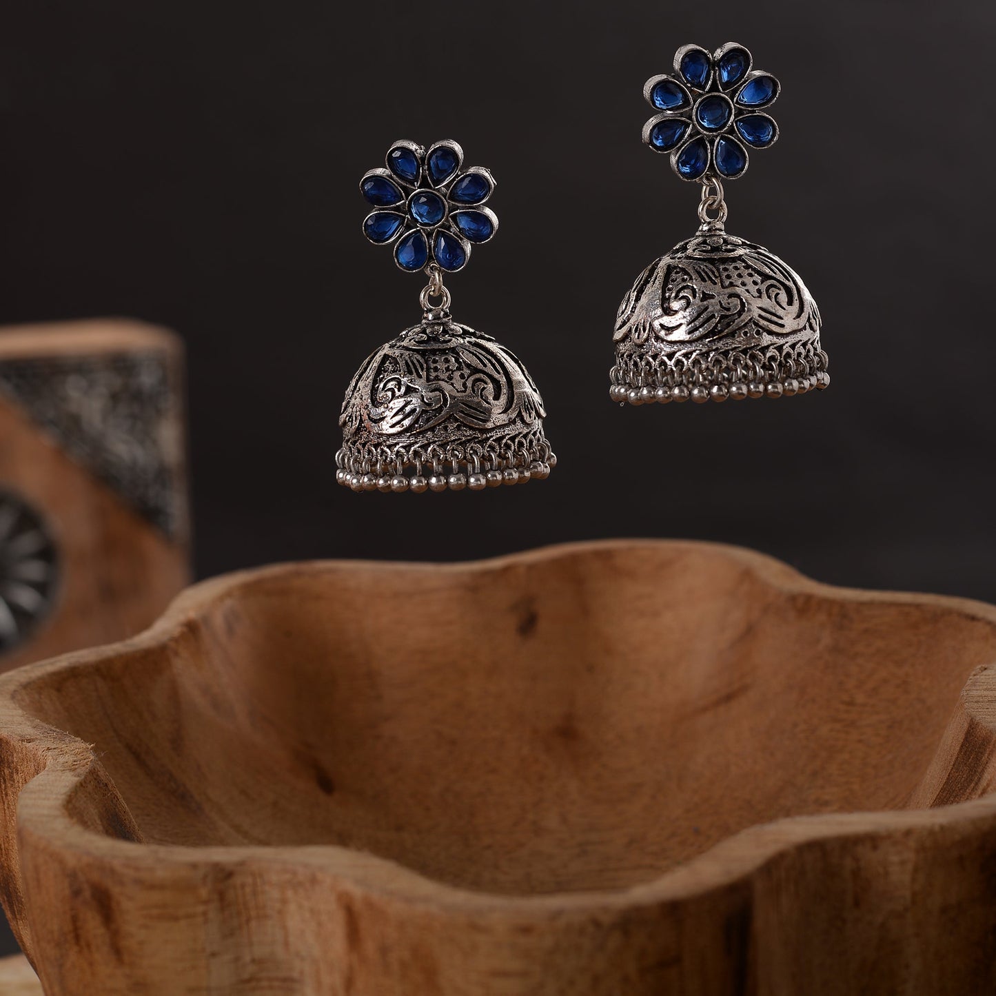 Tamira- Silver Brass Oxidised Jhumka Earrings(Blue)