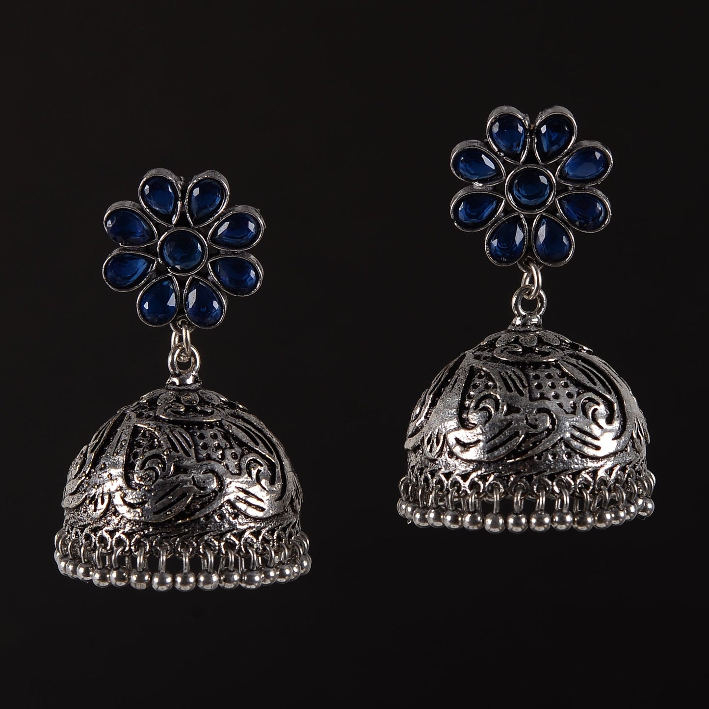 Tamira- Silver Brass Oxidised Jhumka Earrings(Blue)