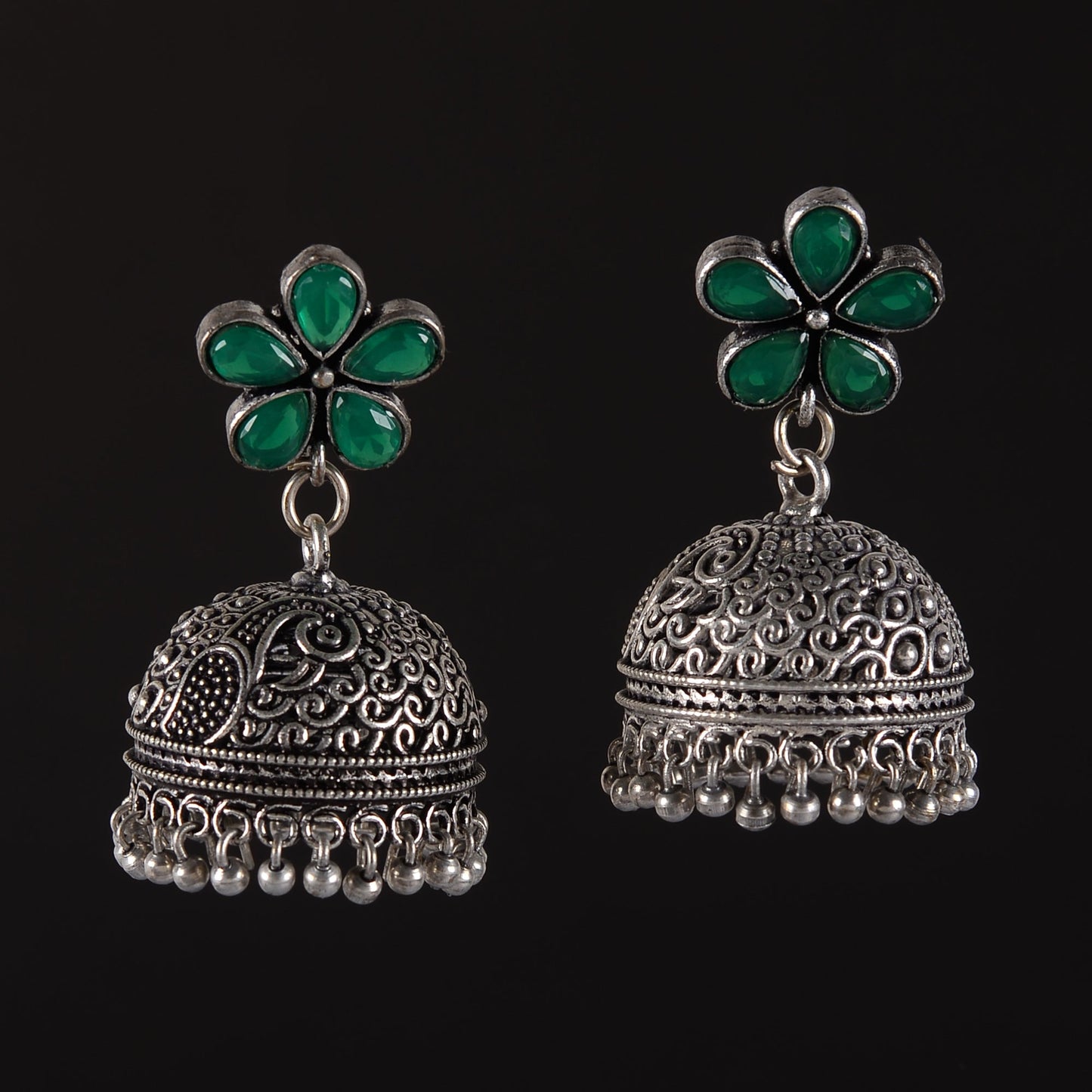 Champika- Silver Brass Stone Studded Jhumka Earrings(Green)