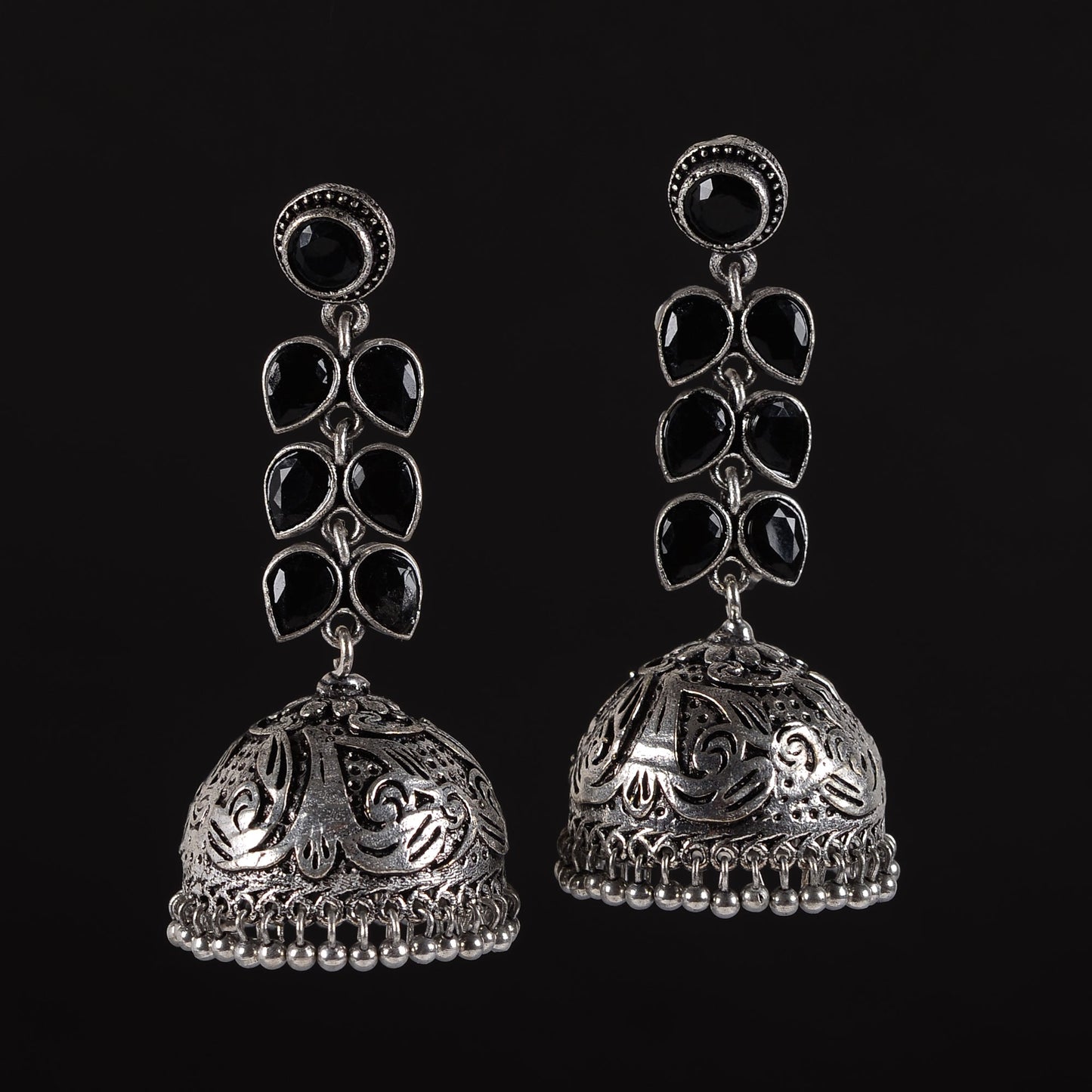 Shyamika- Silver Brass Oxidised Jhumka Earrings(Black)