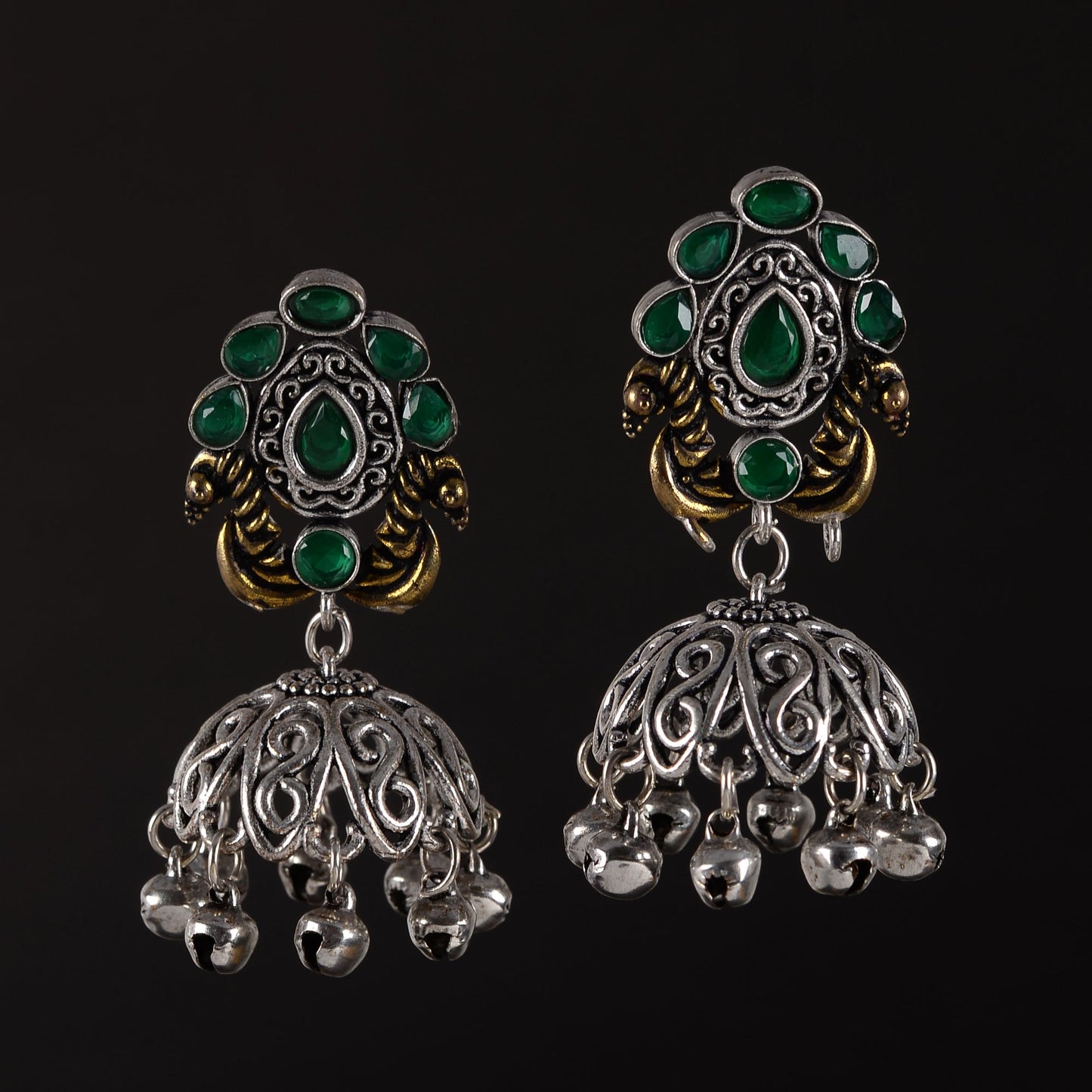 Kusumeyura- Silver Brass Stone Studded Jhumka Earrings(Green)
