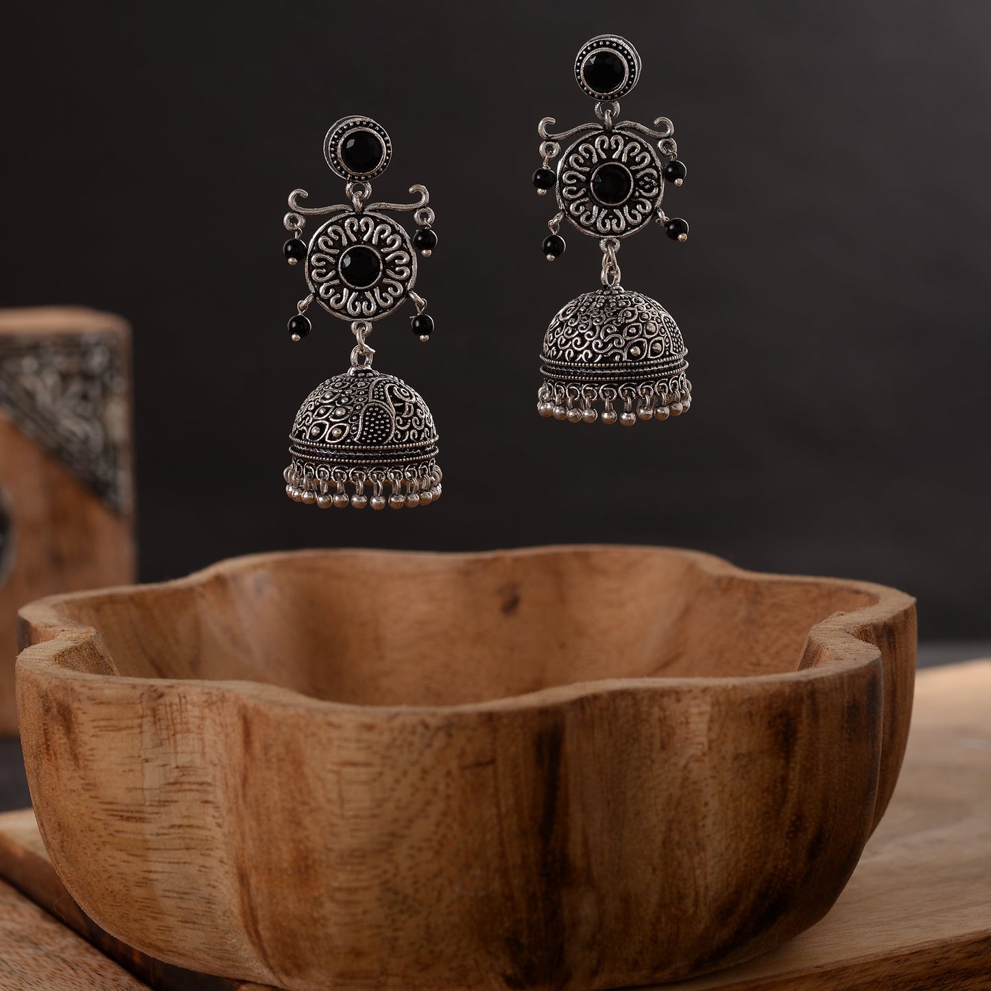 Mallika- Silver Brass Oxidised Jhumka Earrings(Black)
