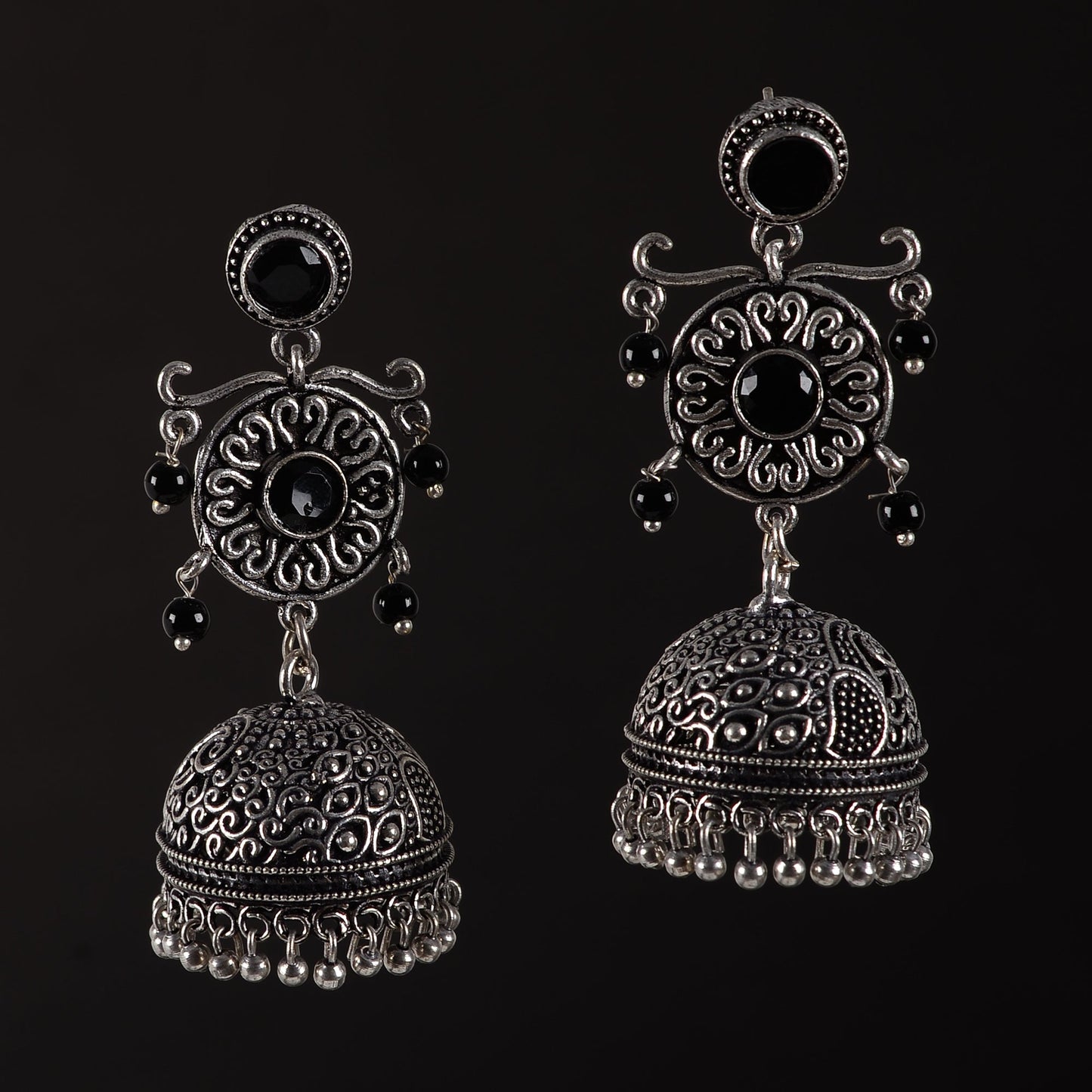 Mallika- Silver Brass Oxidised Jhumka Earrings(Black)