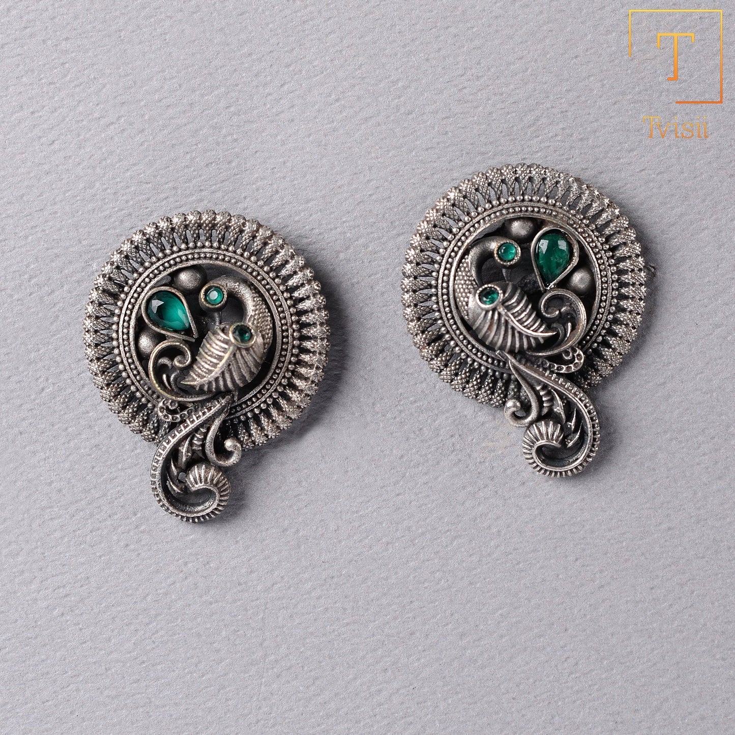MorRatna- Silver Brass Stone Studded Stud Earrings(Green)