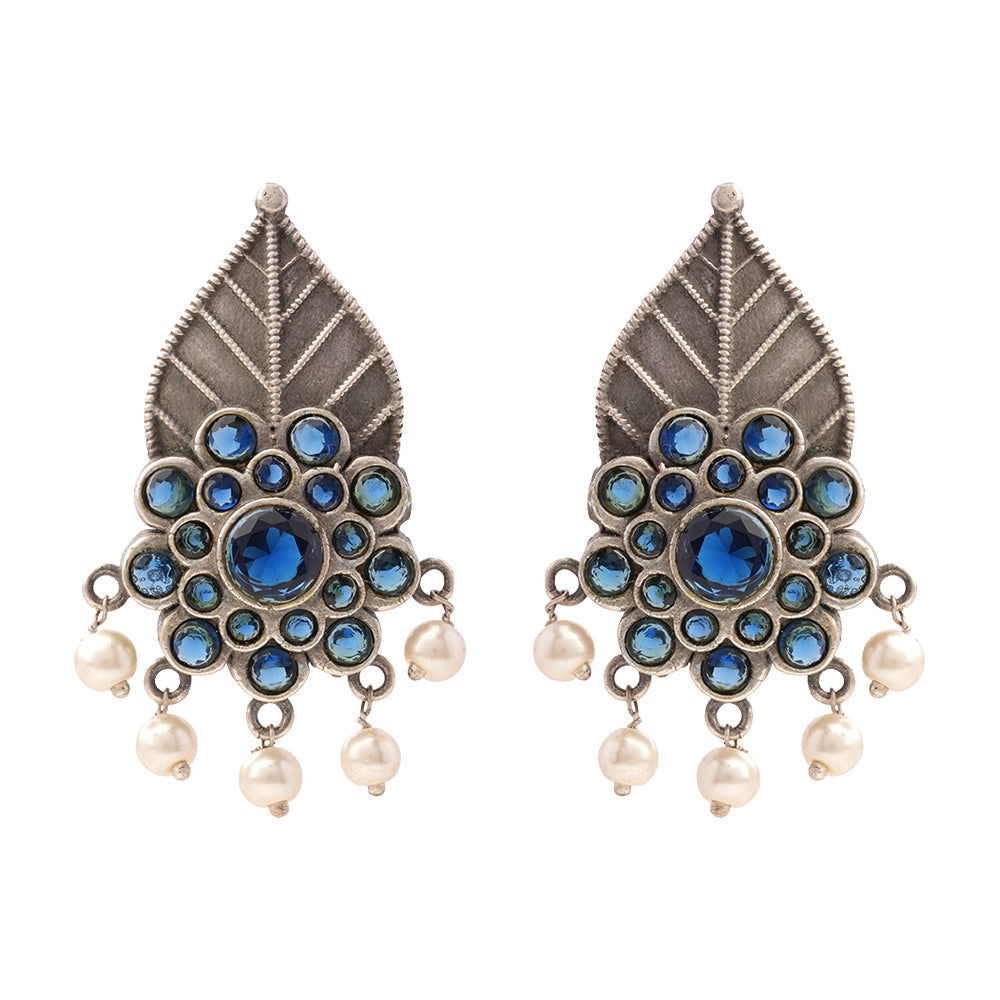 PatraPushp- Silver Brass Pearl dangler earrings(Blue)