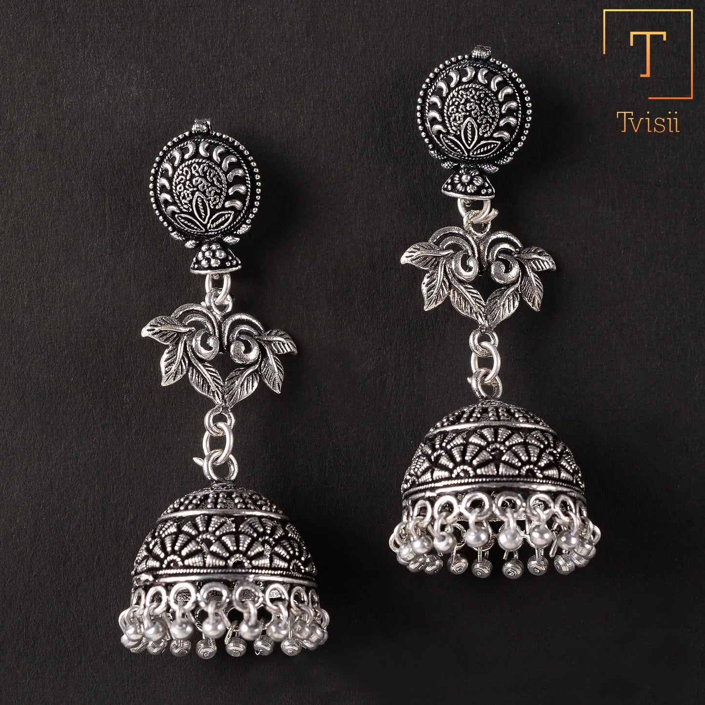 Pallavi- Silver Brass Oxidised Jhumka Earrings