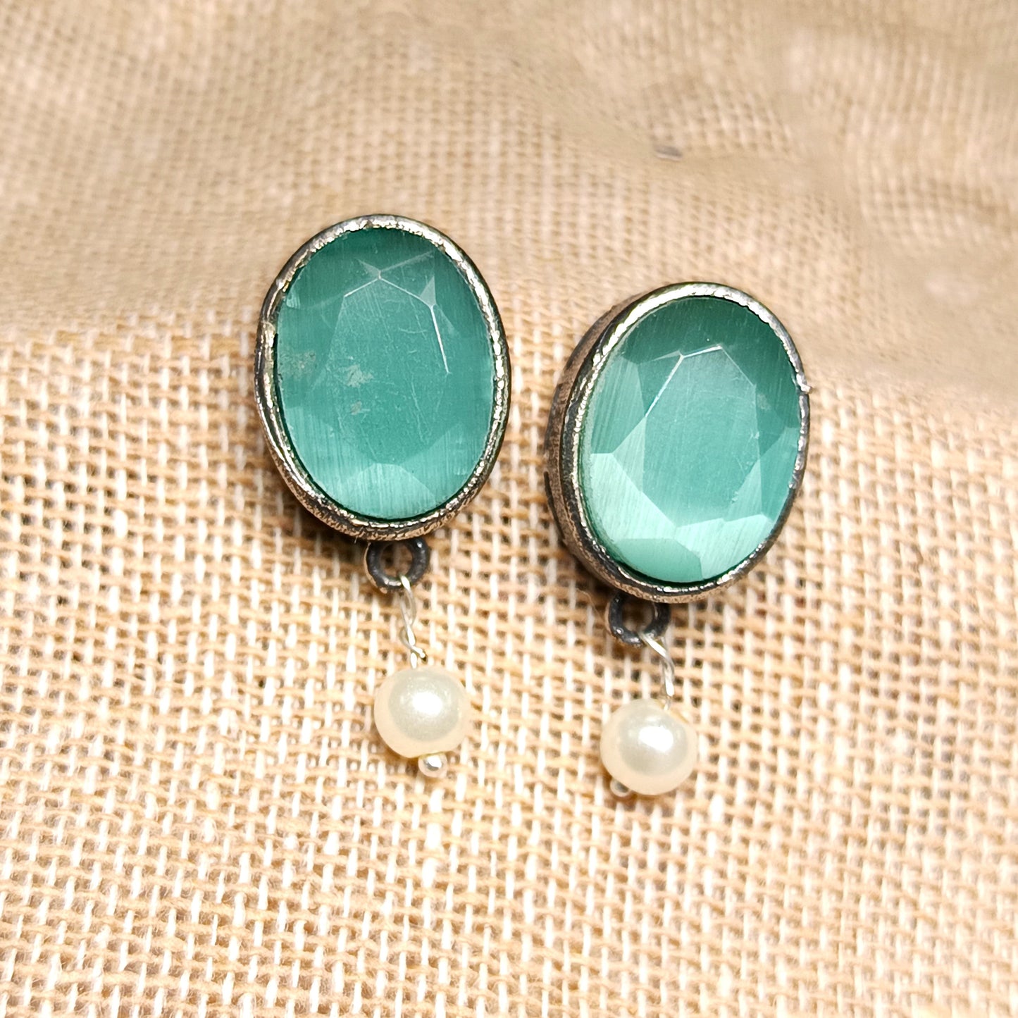 Boond- Silver Brass Stone Studded stud earrings(Mint)