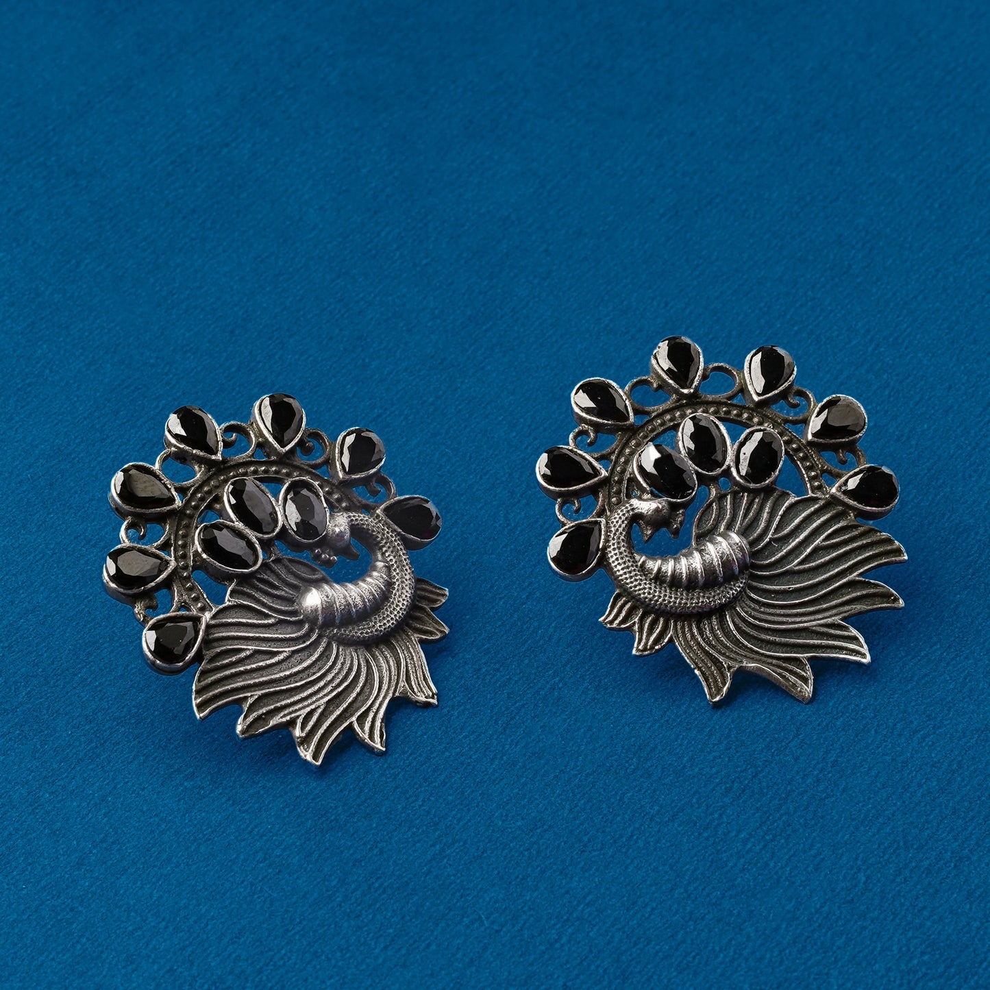 Pankhi- Silver Brass Stone Studded Stud Earrings(Black)
