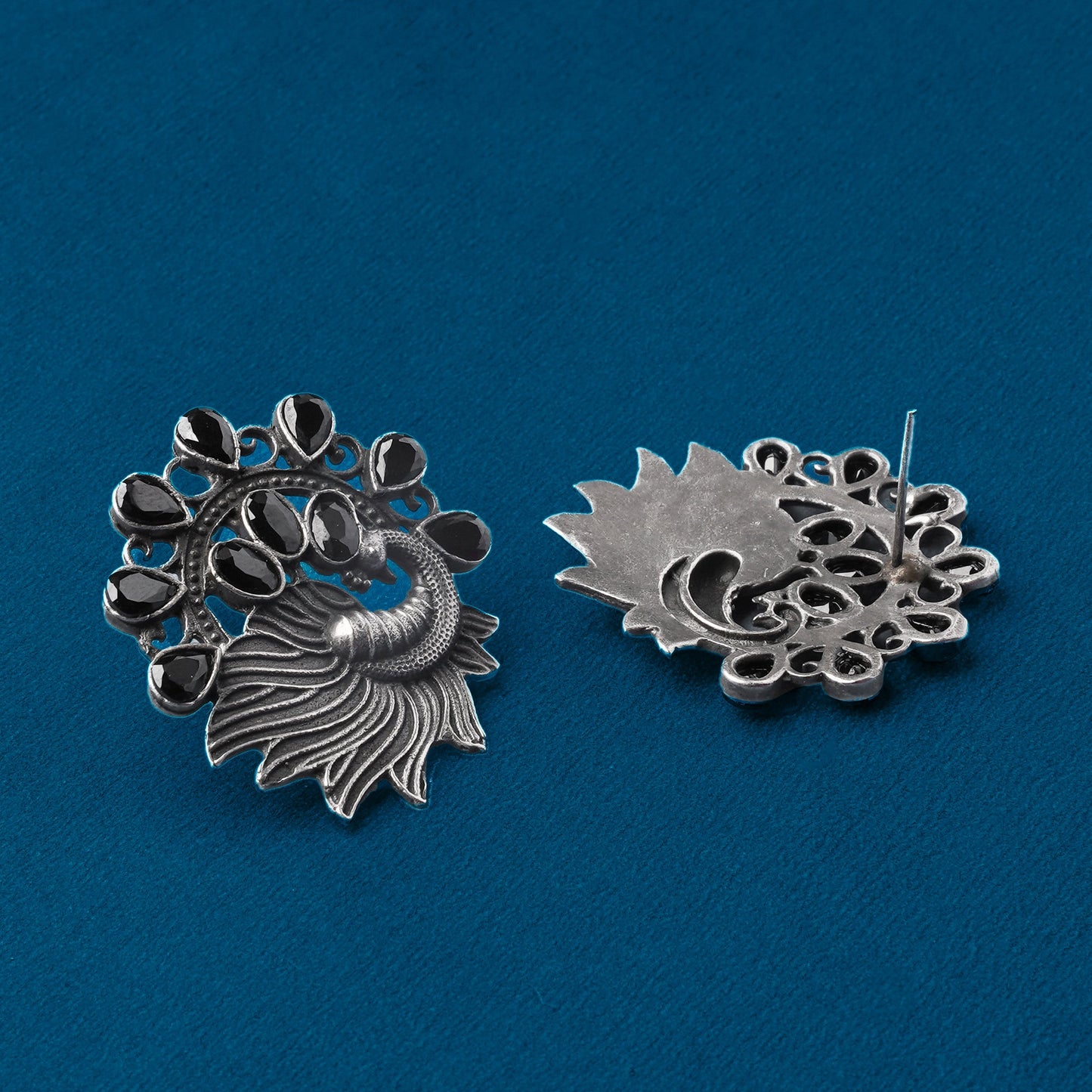 Pankhi- Silver Brass Stone Studded Stud Earrings(Black)