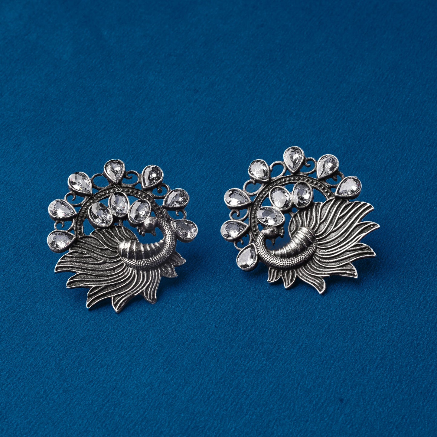Pankhi- Silver Brass Stone Studded Stud Earrings(White)