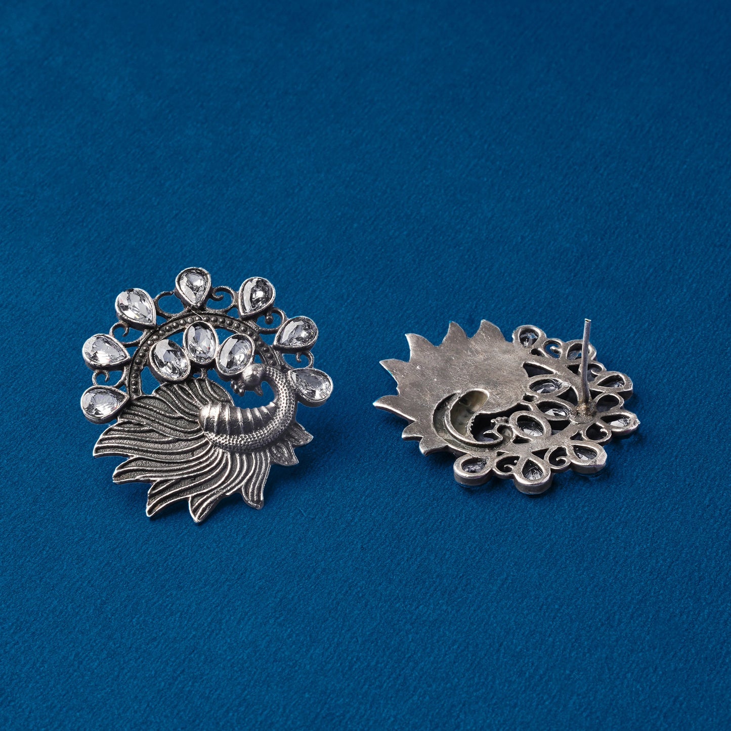 Pankhi- Silver Brass Stone Studded Stud Earrings(White)