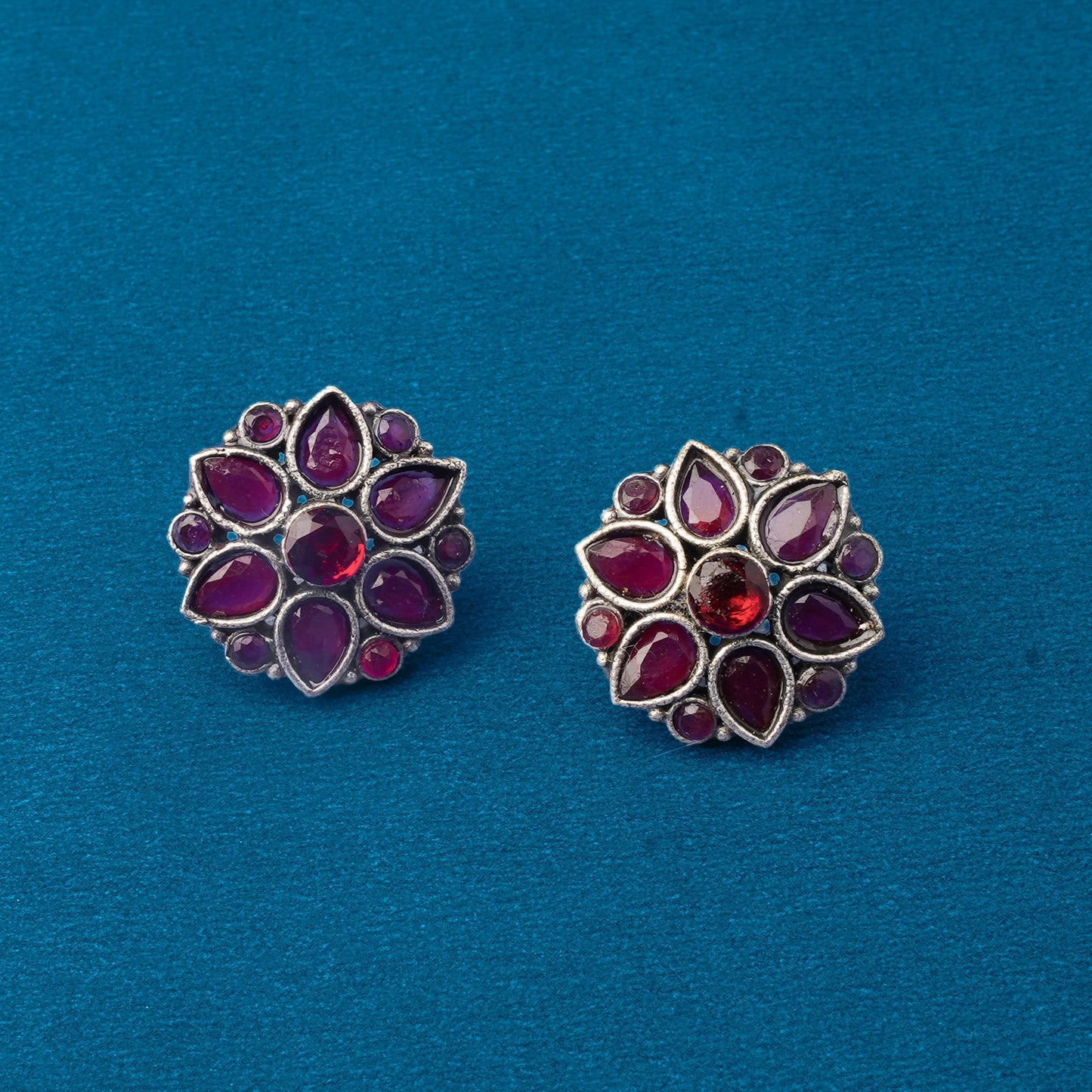 Kusuma- Silver oxidised stone studded stud earrings
