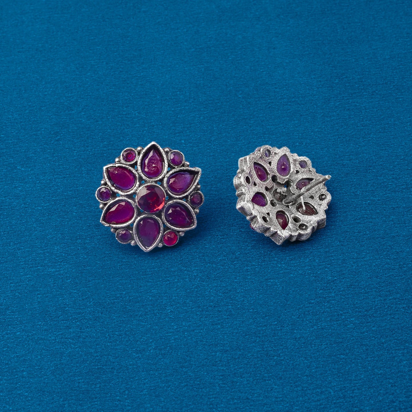 Kusuma- Silver oxidised stone studded stud earrings