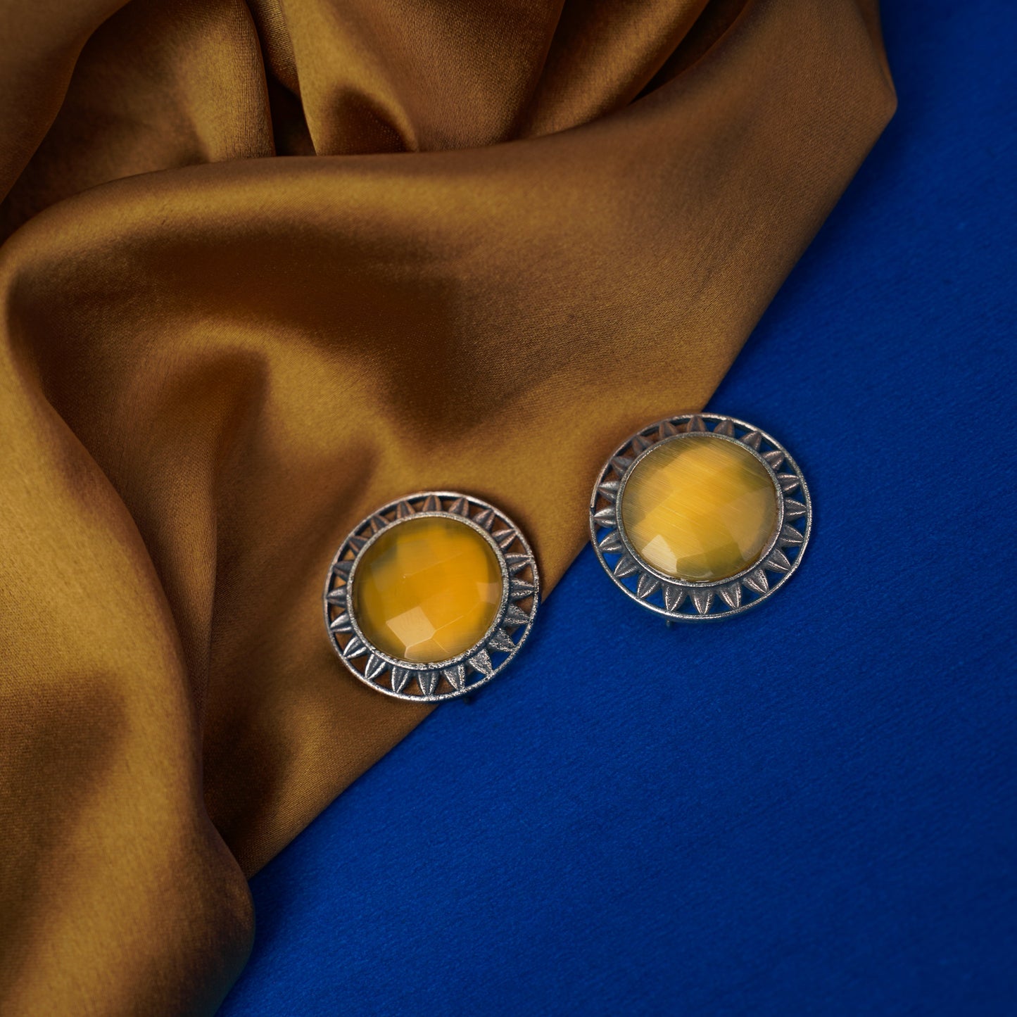 Manikya- Silver Brass Stone-Studded Stud Earrings(Yellow)