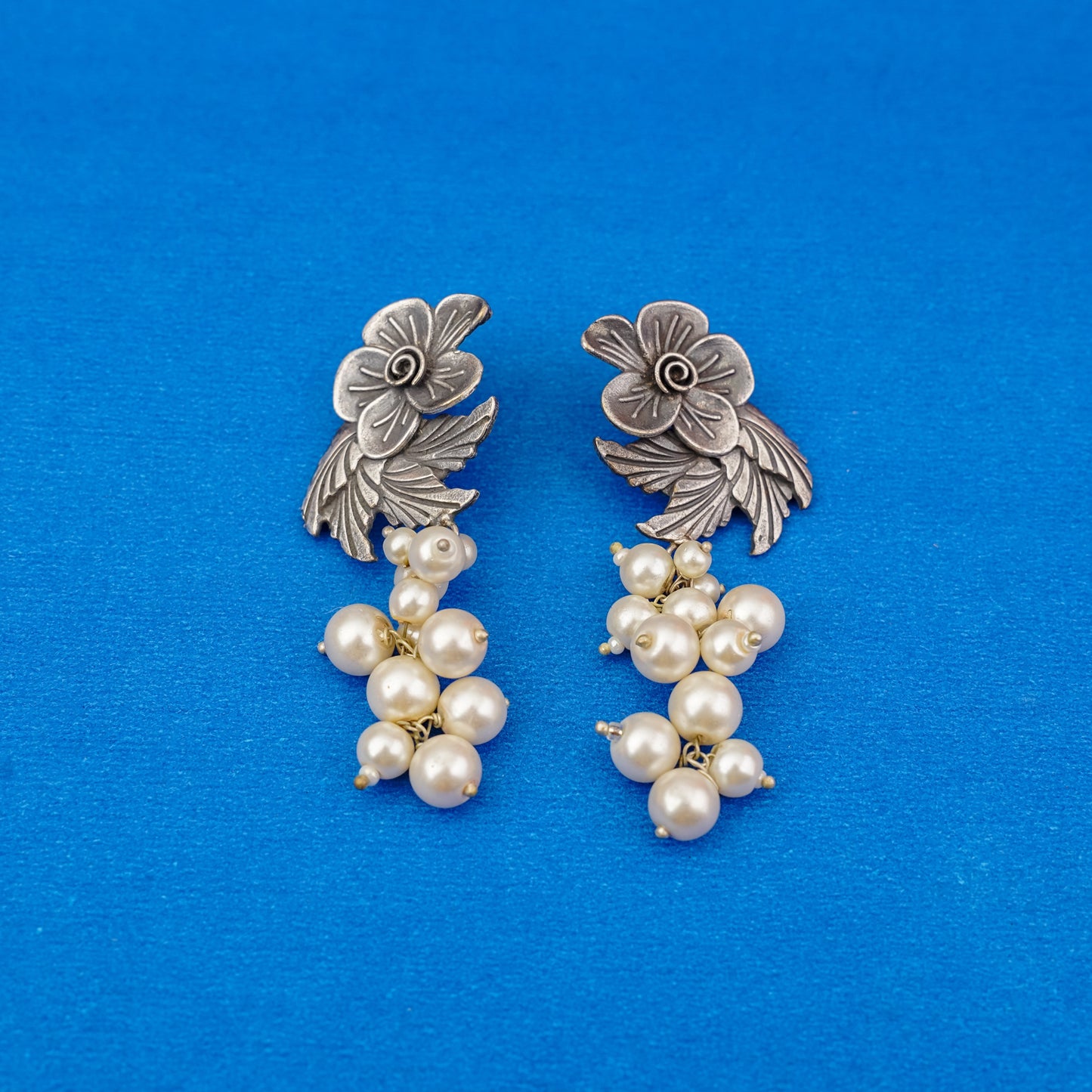 Motiphool- Silver Brass Pearl dangler earrings