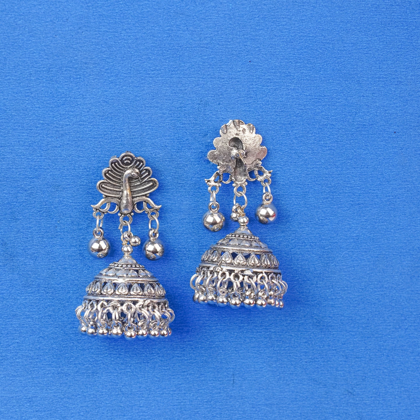 Mayurakshi- Silver Brass Oxidised Jhumka Earrings