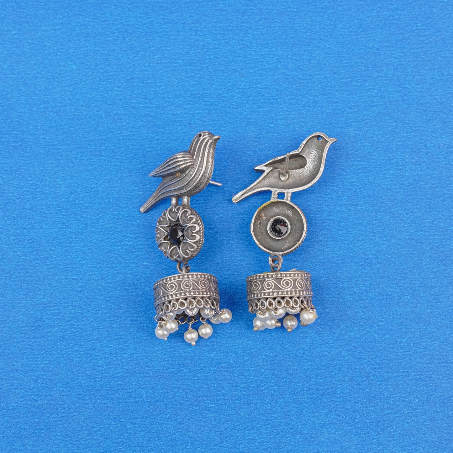 Chakori- Silver Brass Oxidised Jhumka Earrings(Black)