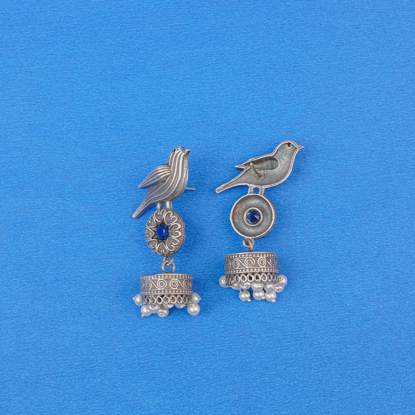 Chakori- Silver Brass Oxidised Jhumka Earrings( Blue)