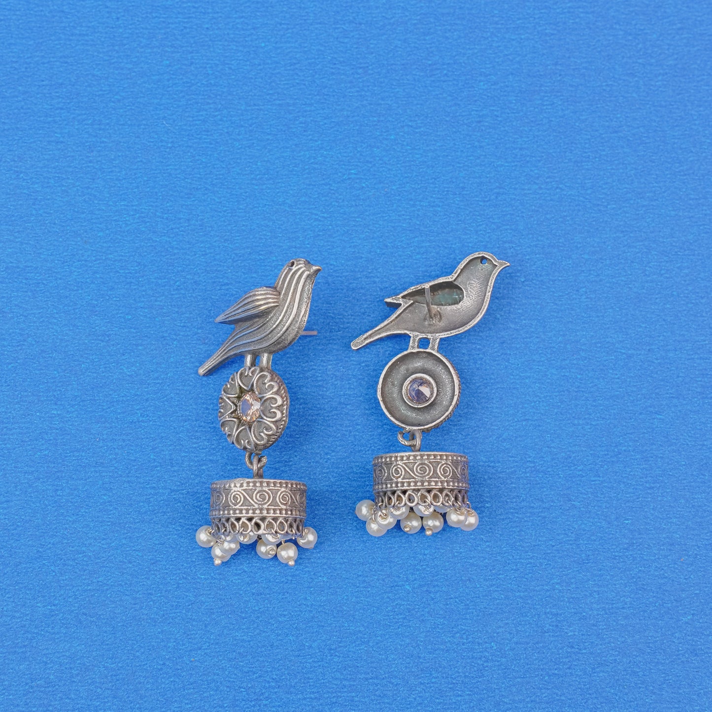 Chakori- Silver Brass Oxidised Jhumka Earrings(White)