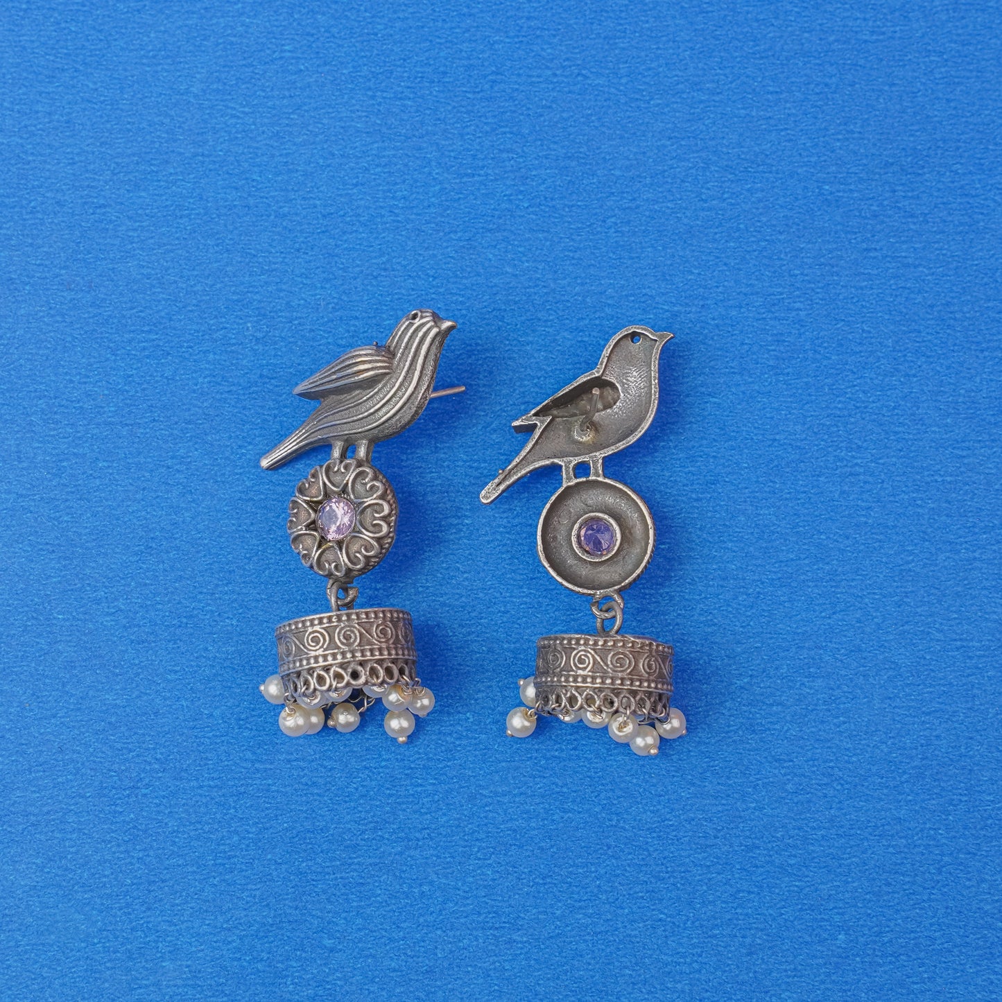 Chakori- Silver Brass Oxidised Jhumka Earrings( Aqua Blue)