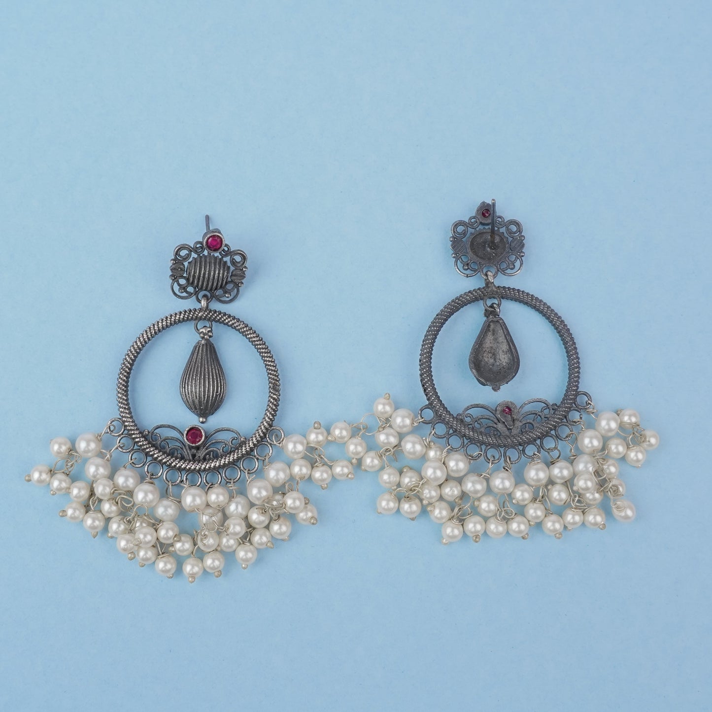 Ghoomar- Silver Brass Pearl dangler earrings(Red)