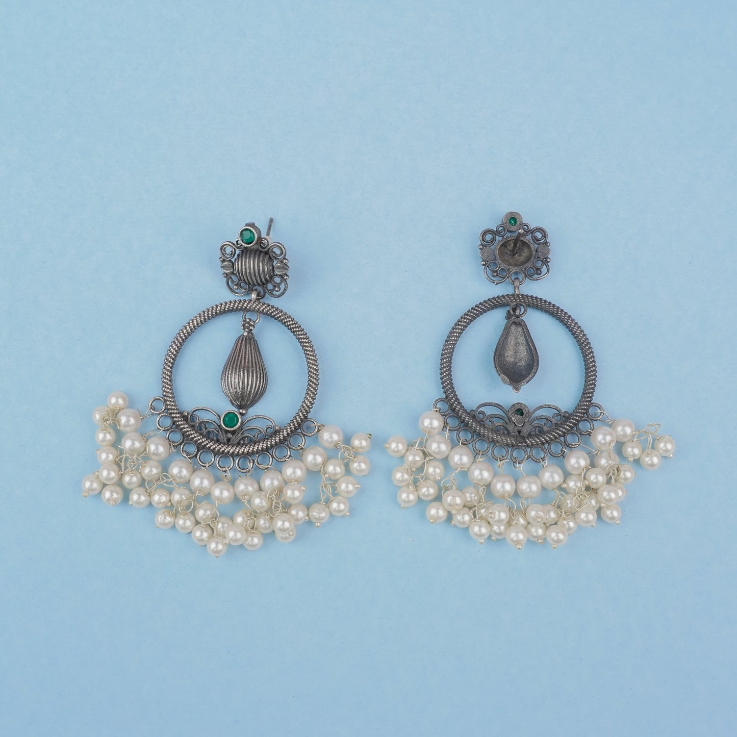 Ghoomar- Silver Brass Pearl dangler earrings(Green)