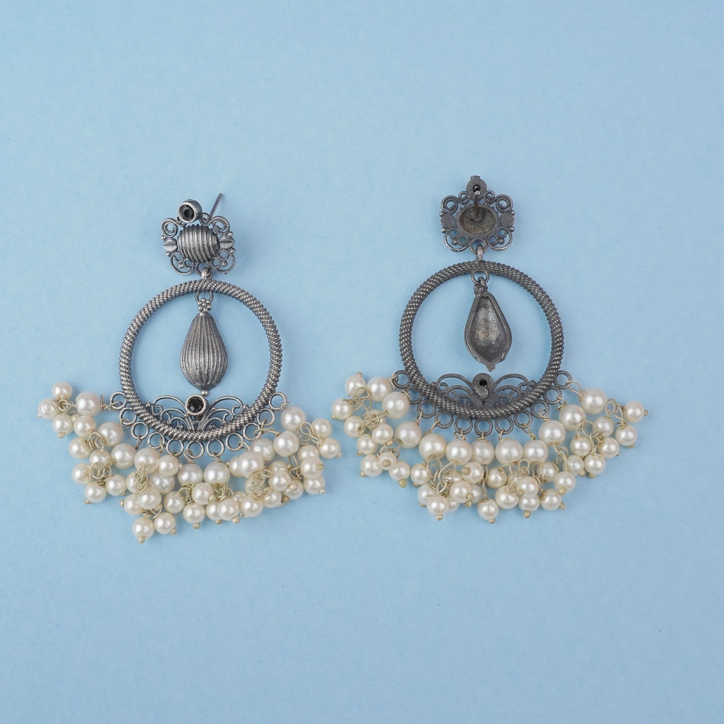 Ghoomar- Silver Brass Pearl dangler earrings(Black)